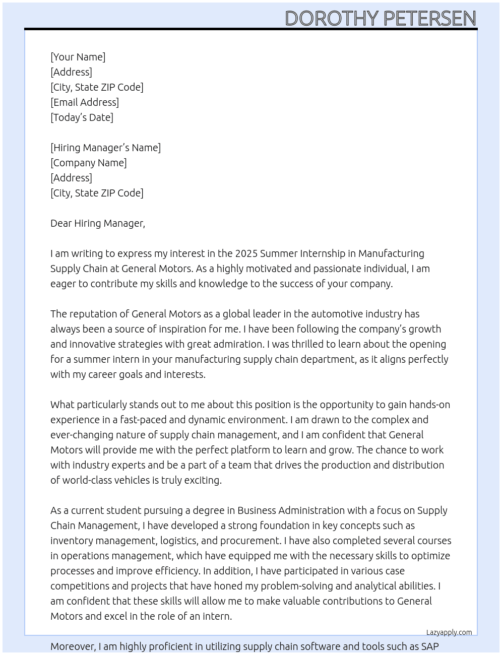 2025 Summer Intern, Manufacturing Supply Chain At General Motors Cover Letter