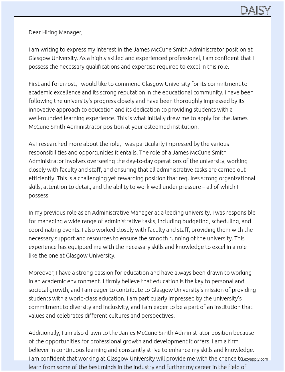 James McCune Smith Administrator At Glasgow University Cover Letter