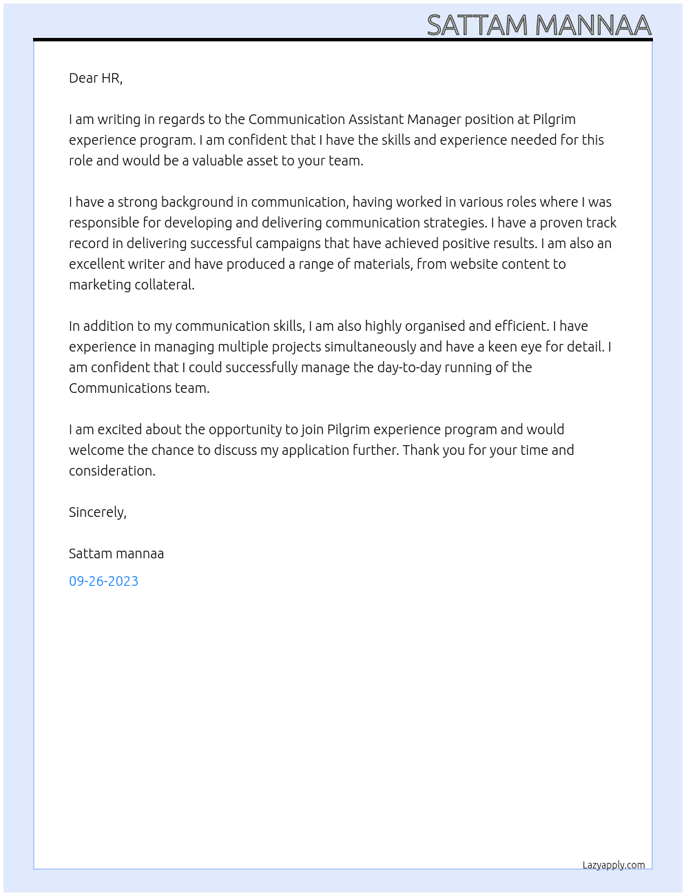 Communication Assistant Manager At Pilgrim experience program  Cover Letter