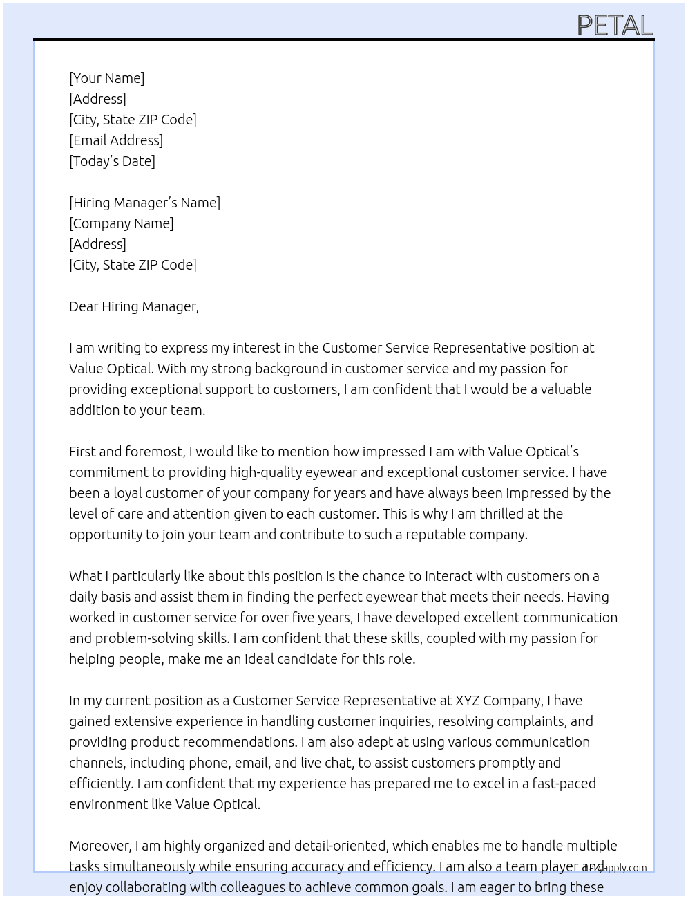 Customer Service Representative At Value Optical Cover Letter