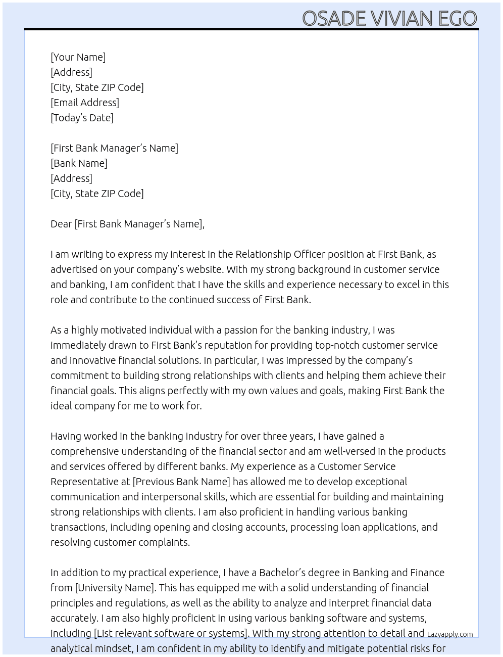 Relationship officer  At Banking  Cover Letter