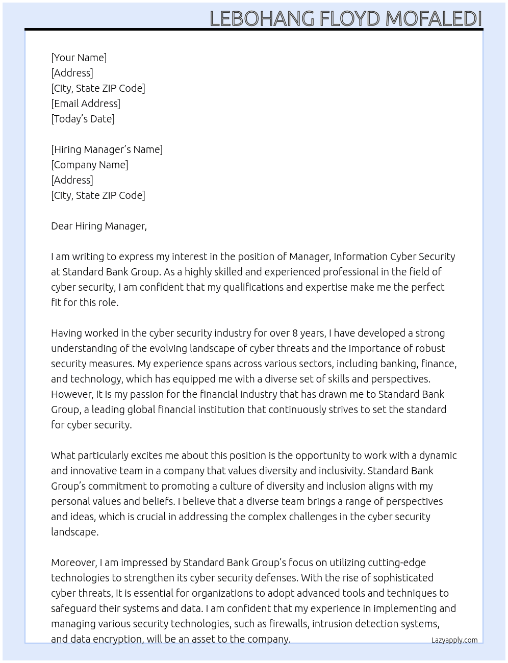 Cover letter for manager, information cyber security - LazyApply