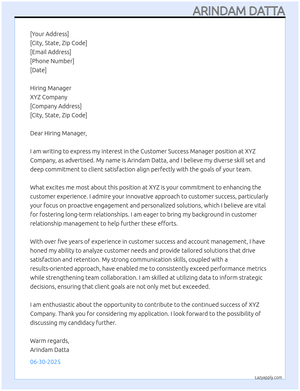customer Success Manager At xyz Cover Letter