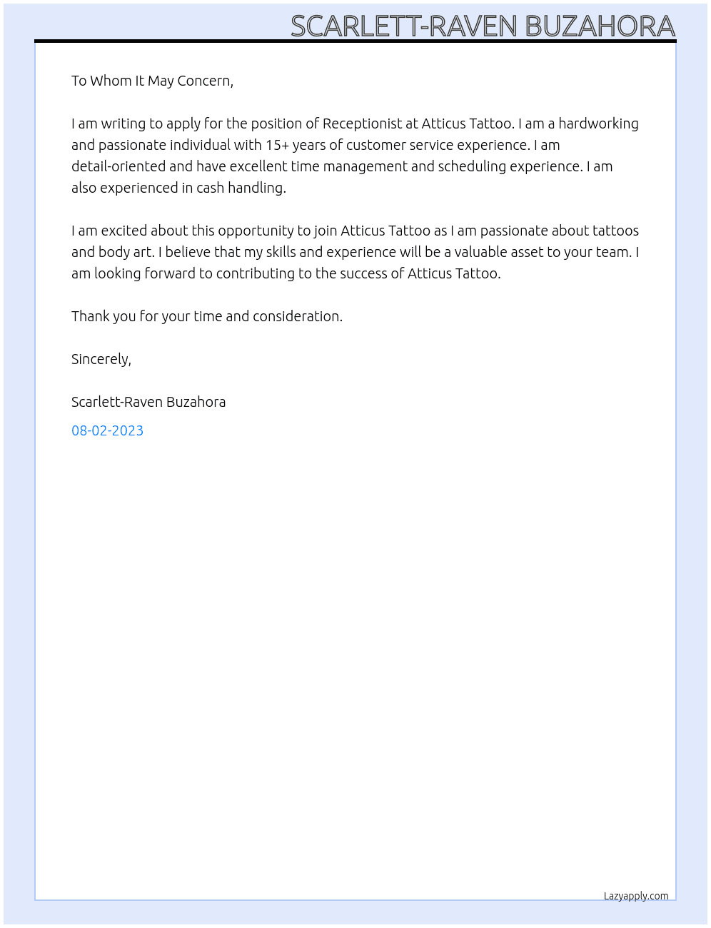 Receptionist At Atticus Tattoo Cover Letter