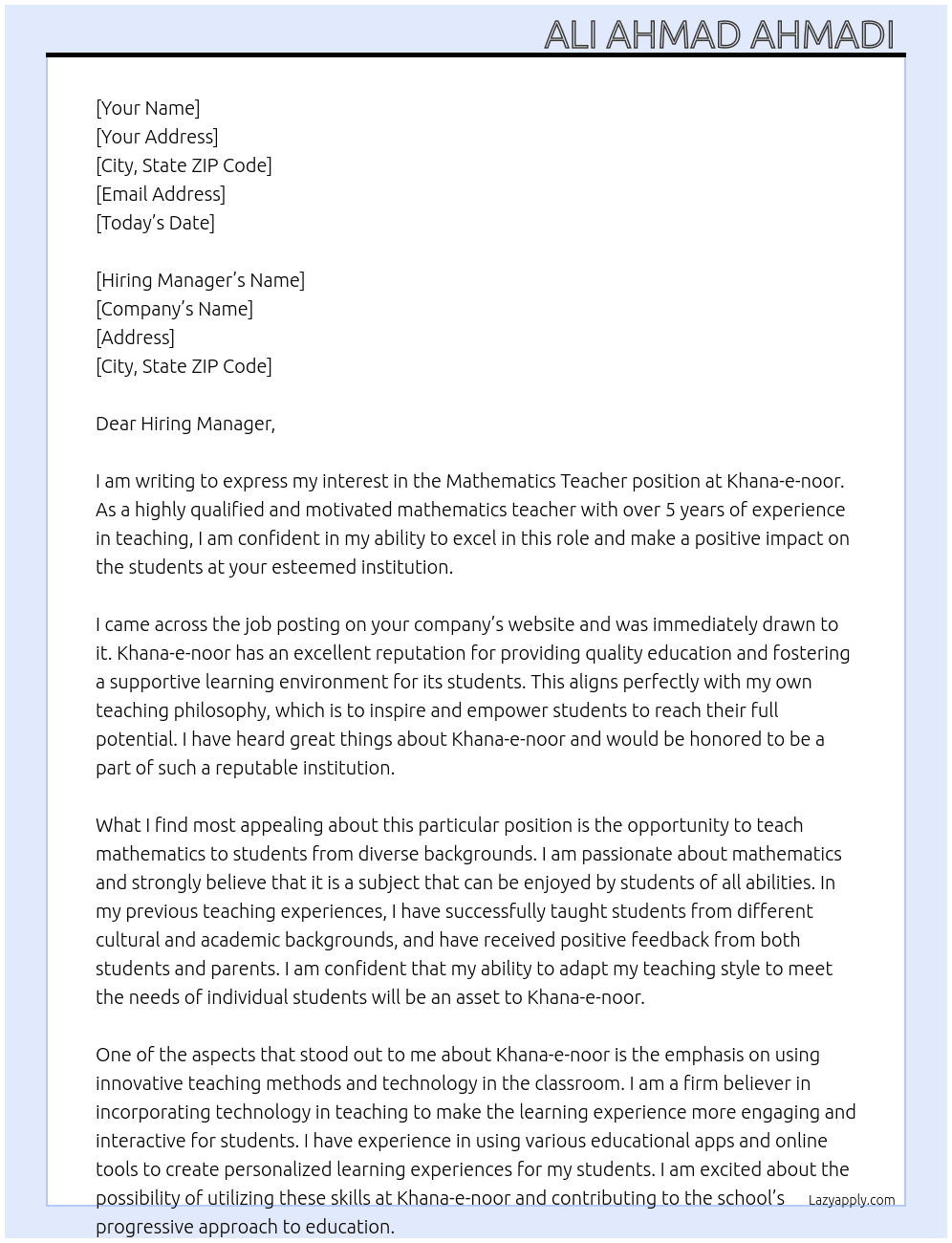 Mathematics teacher  At Khana-e-noor Cover Letter
