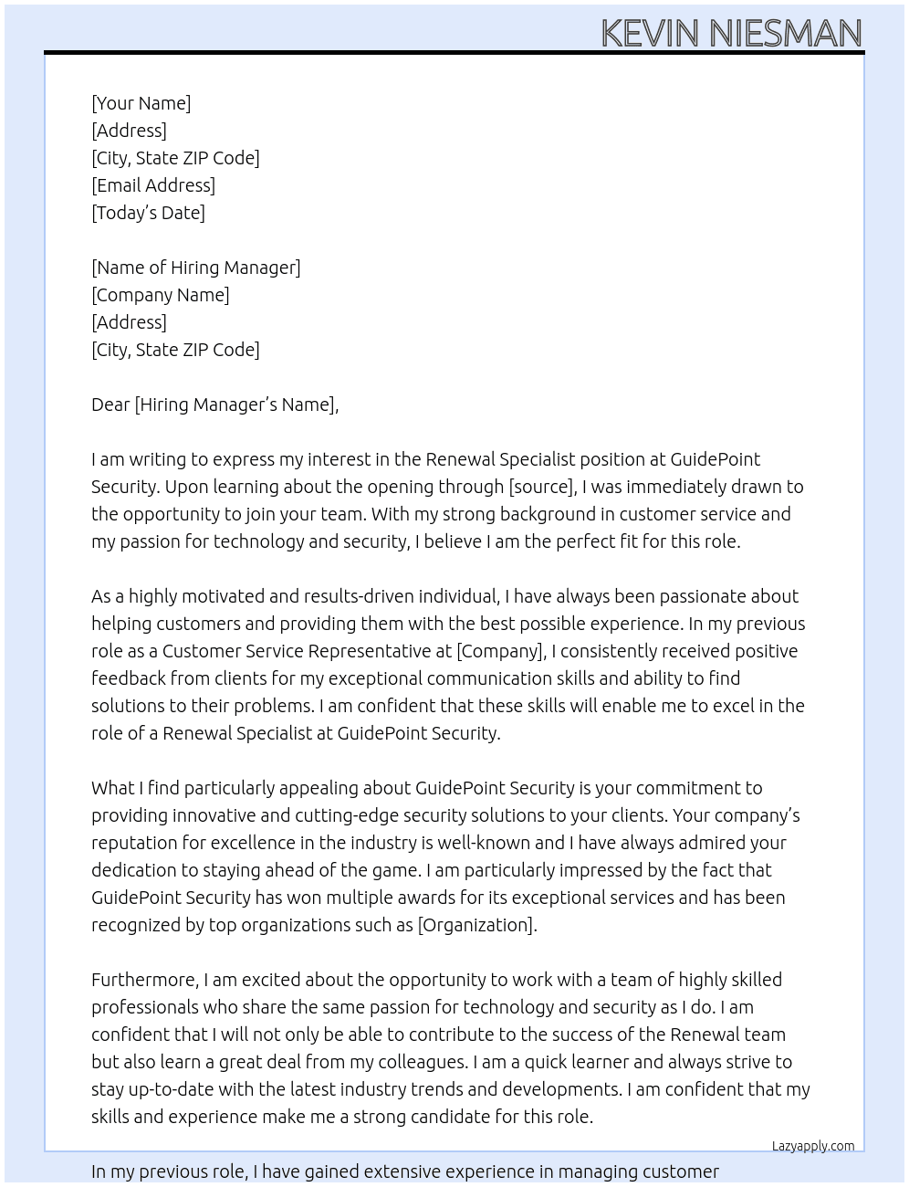 renewal specialist At guidepoint security  Cover Letter