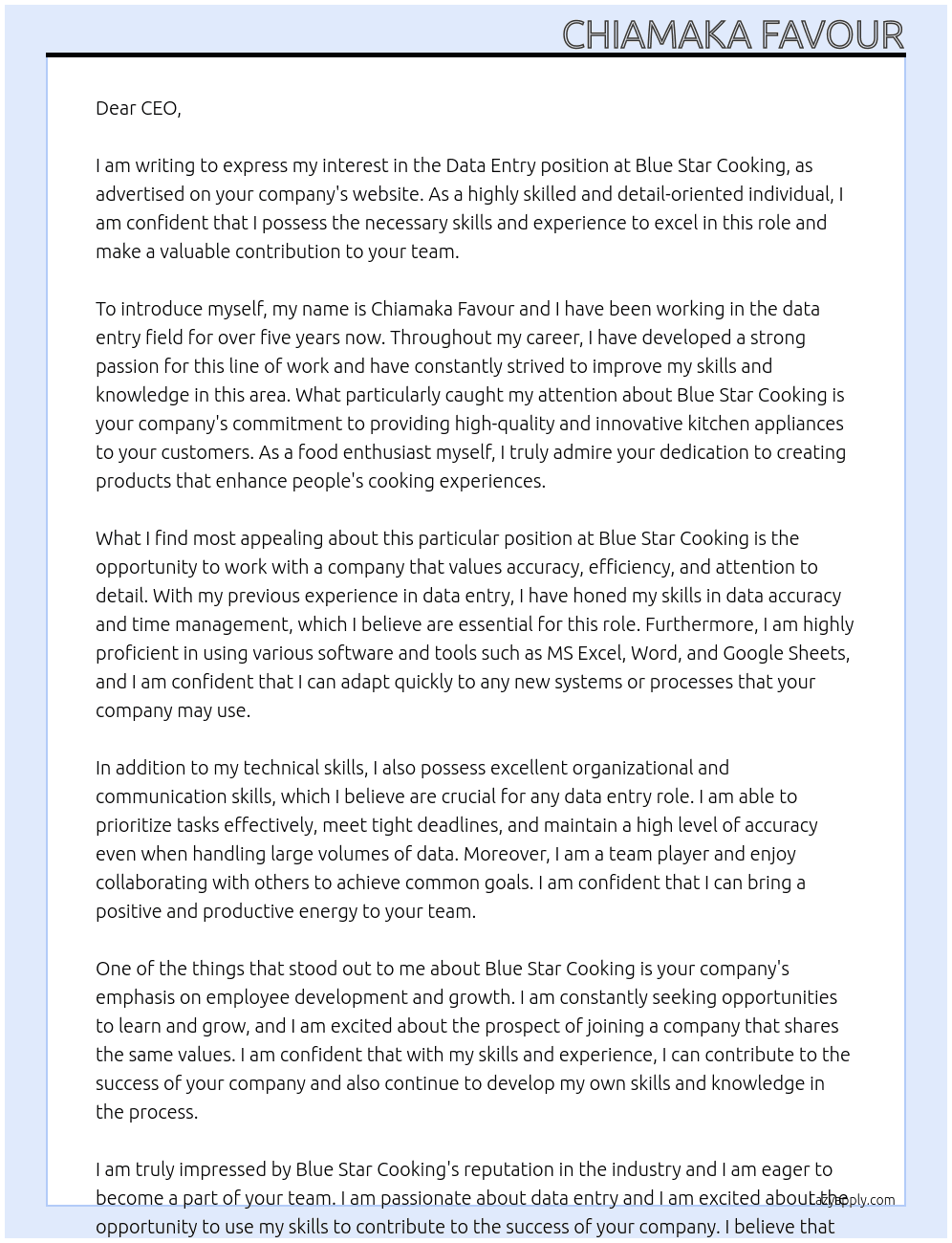 Data Entry At Blue Star Cooking Cover Letter