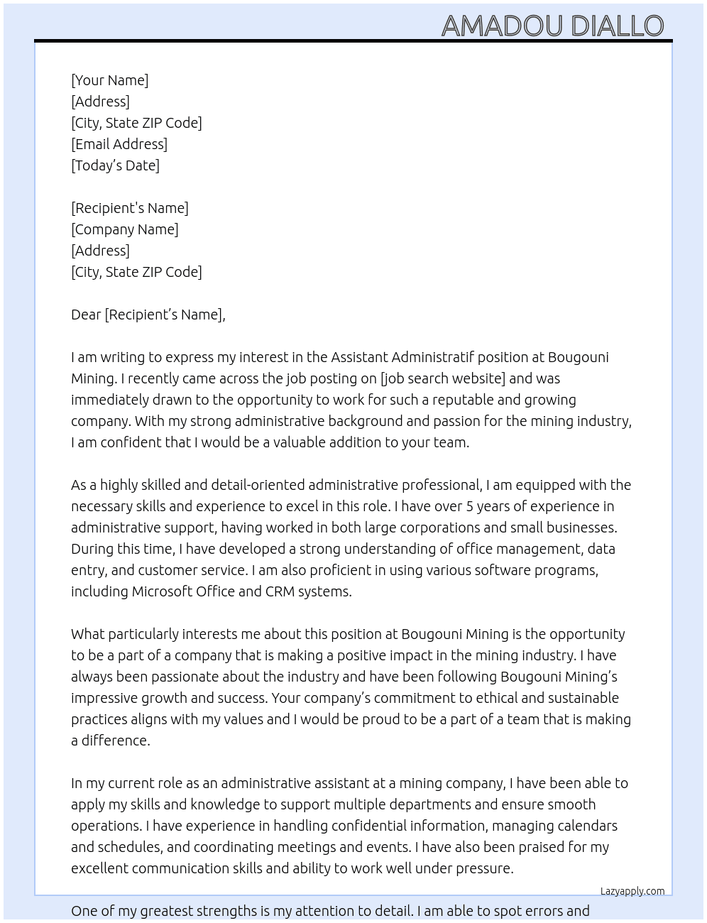 Assistant administratif  At Bougouni mining Cover Letter