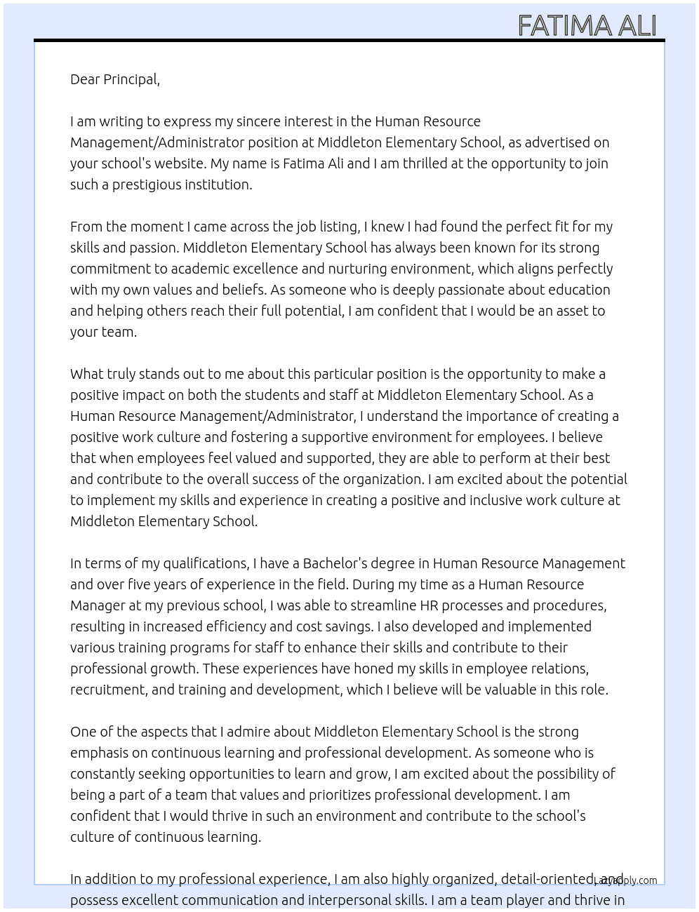 Human resource Management/ administrator  At Middleton elementary school  Cover Letter