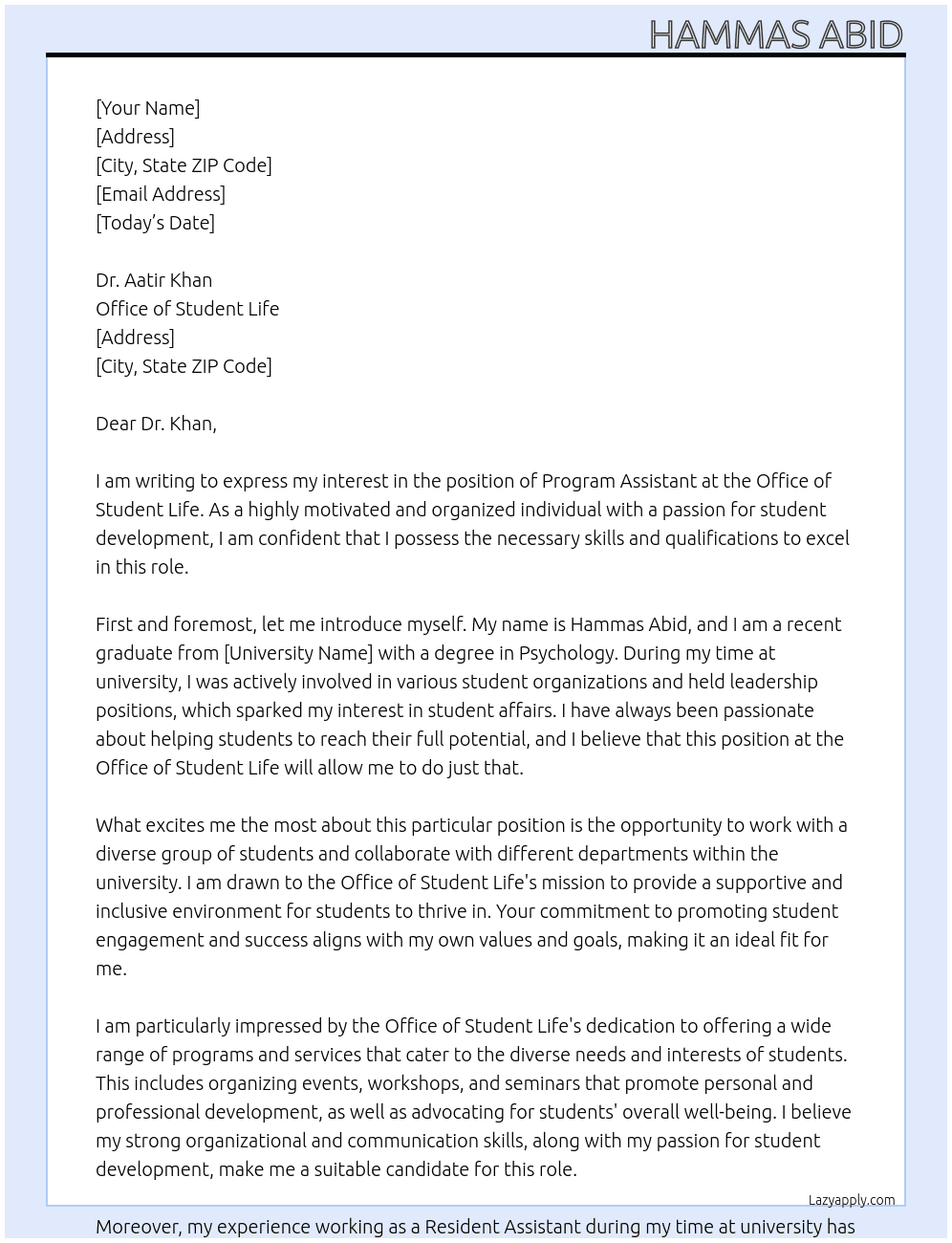 Program Assistant At Office of Student Life Cover Letter