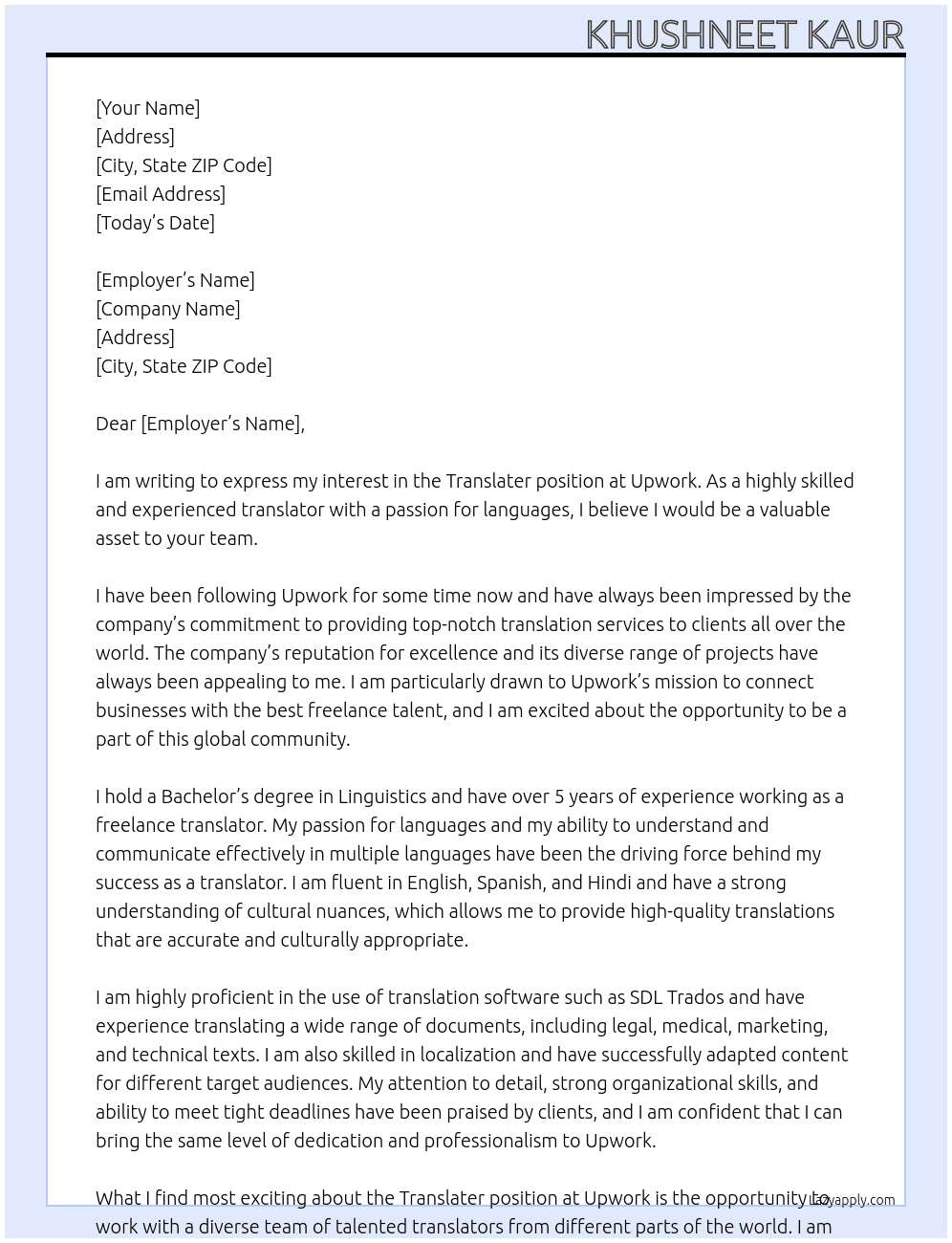 Translater At Upwork Cover Letter