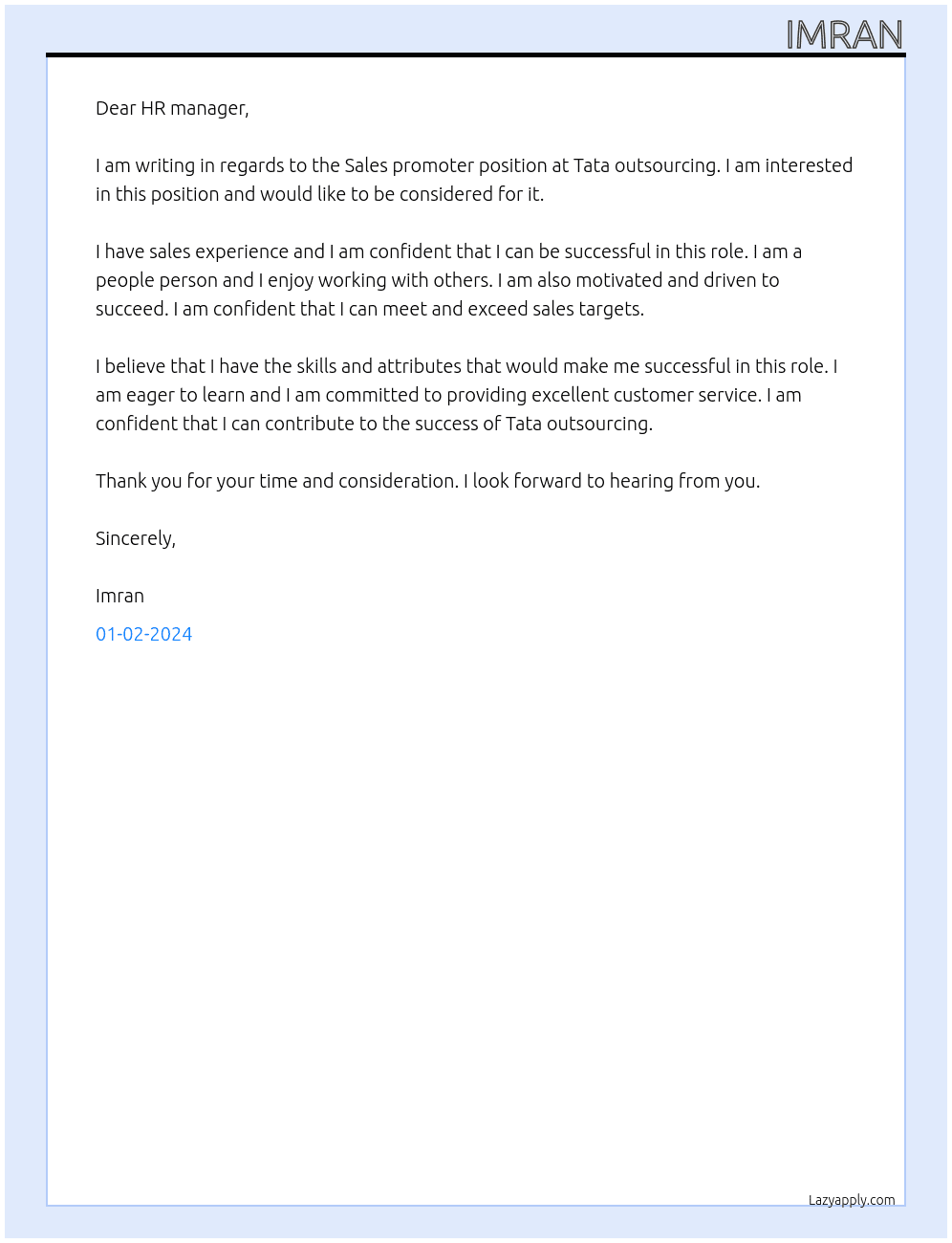Sales promoter  At Tata outsourcing  Cover Letter