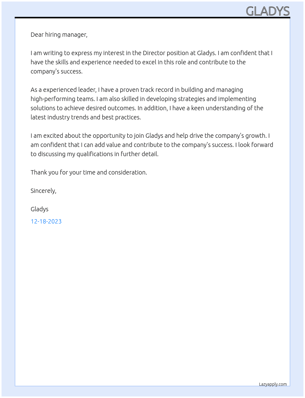 Director  At gladys Cover Letter