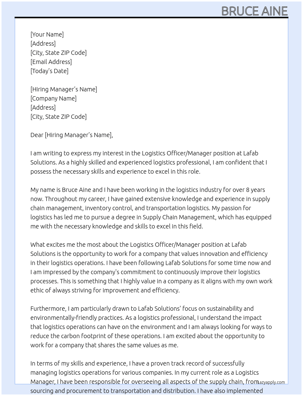 Logistics Officer/manager At Lafab Solutions Cover Letter