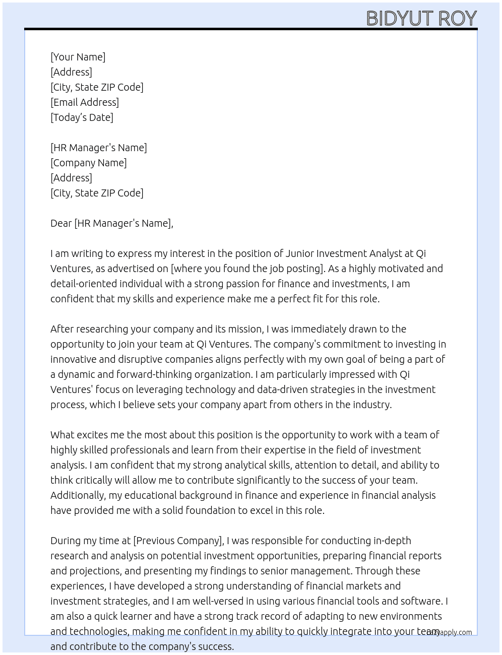 Junior Investment Analyst At Qi Ventures Cover Letter