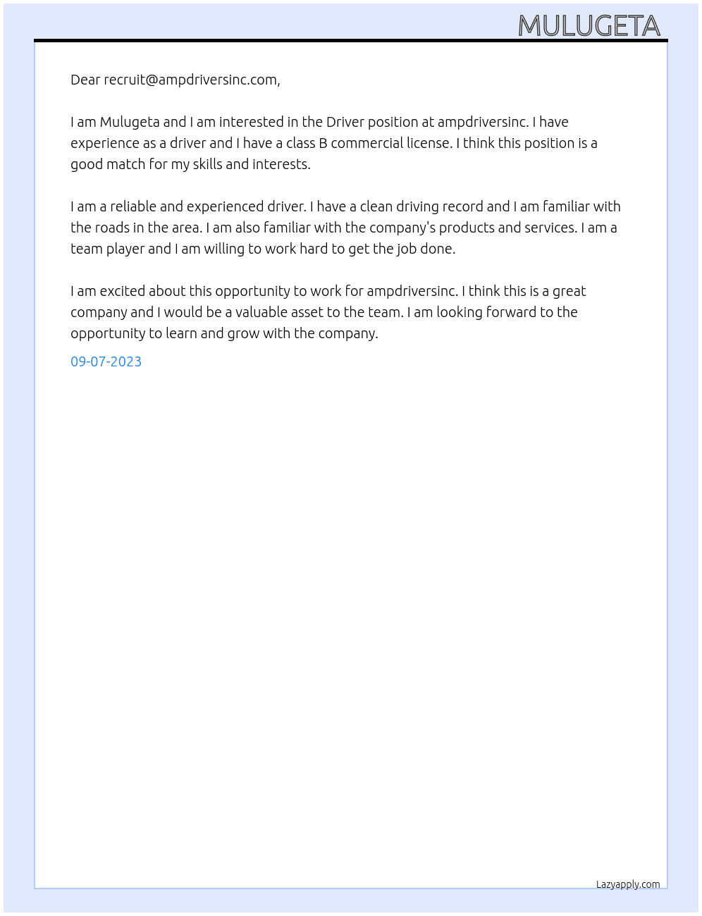 Driver At ampdriversinc Cover Letter