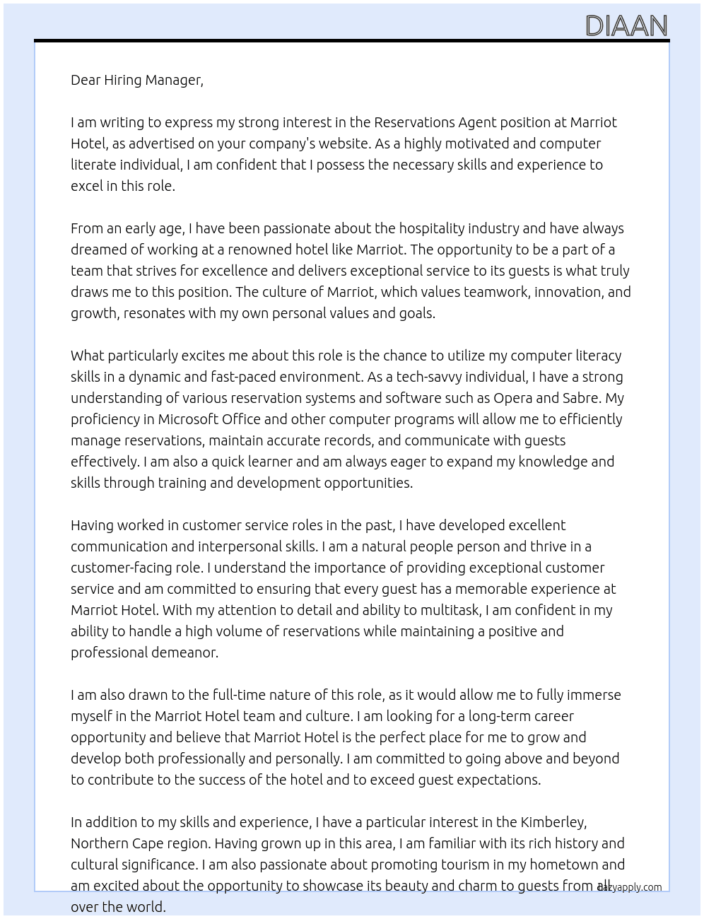 Reservations Agent  At Marriot hotel Cover Letter