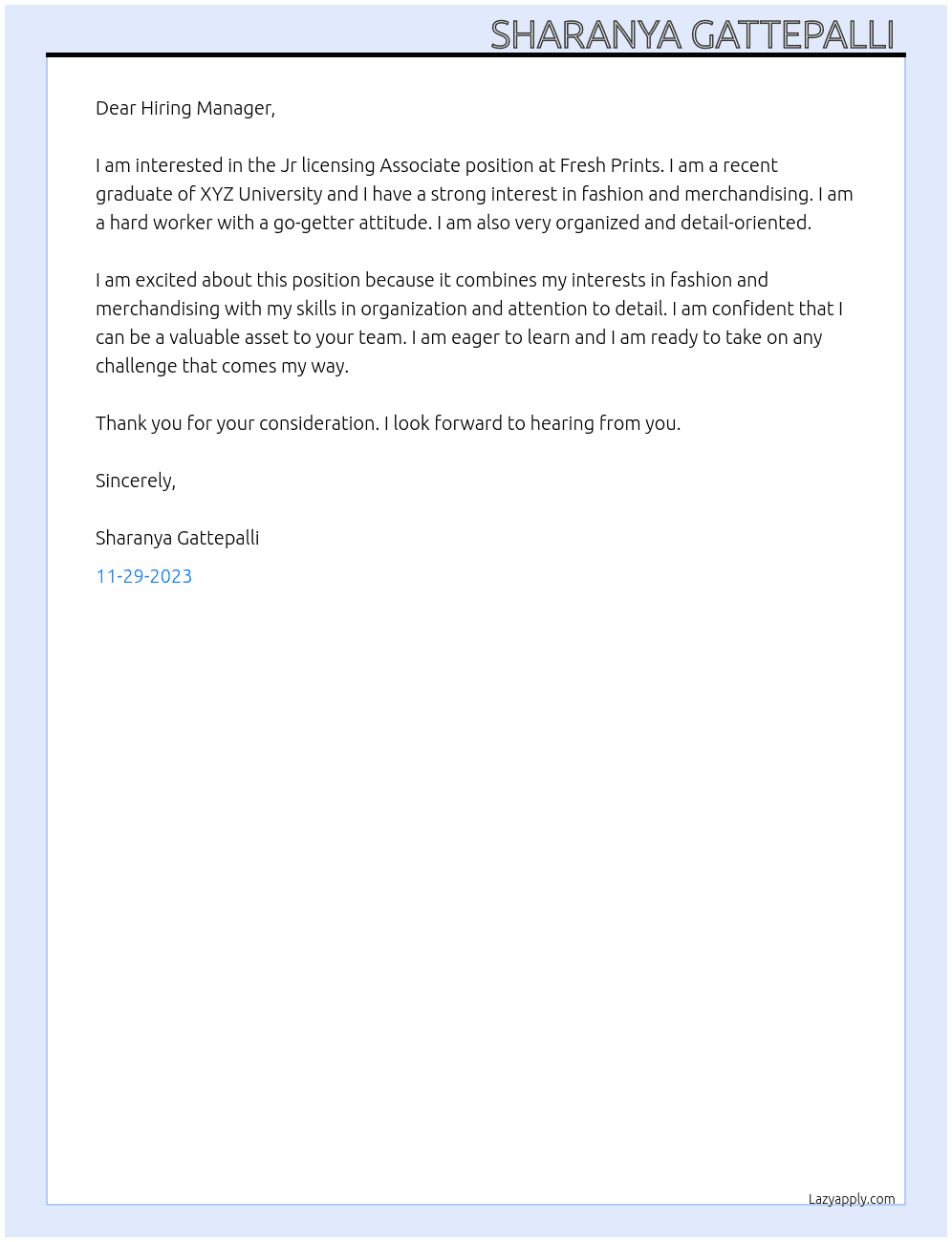 Jr licensing Associate  At Fresh Prints  Cover Letter