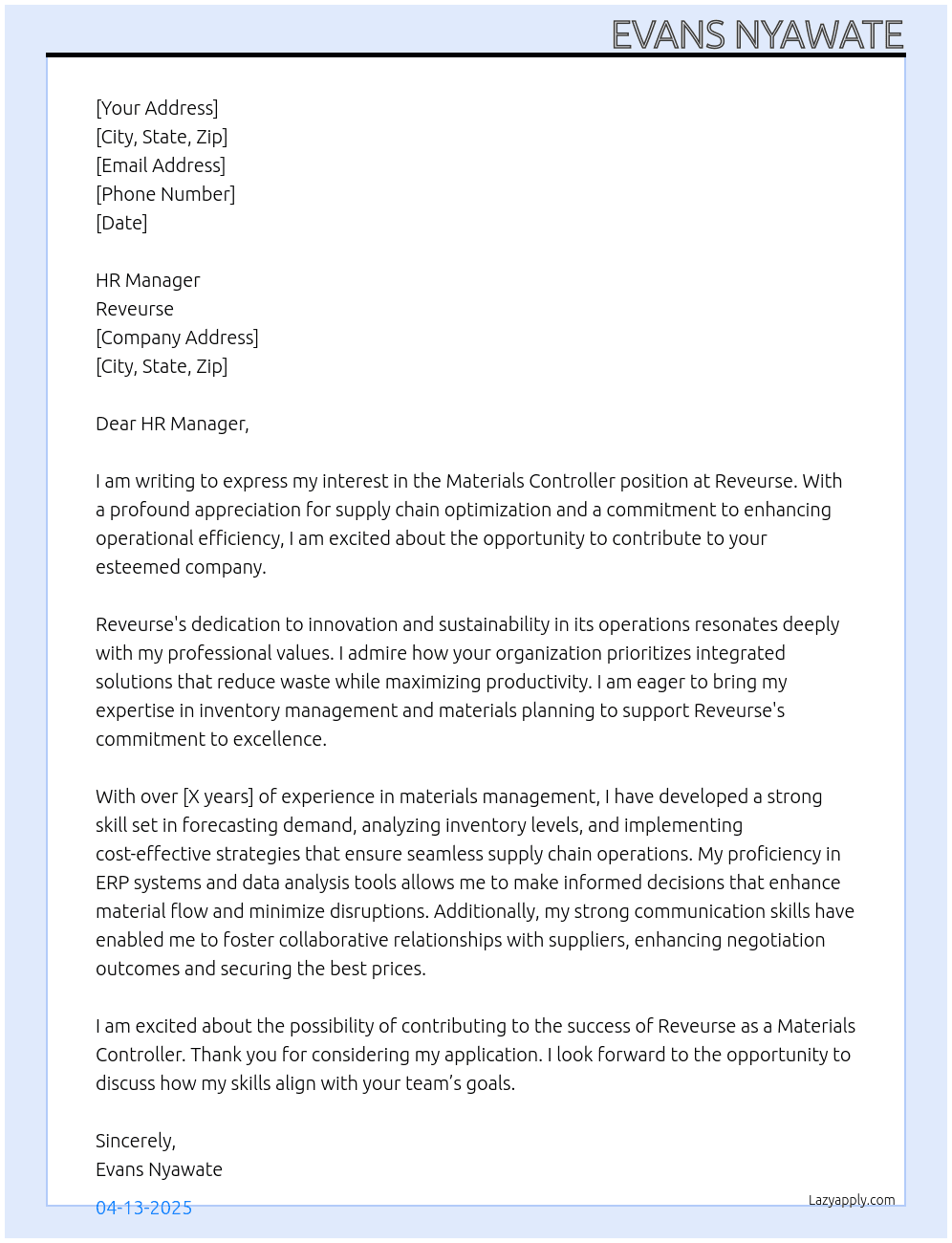 Materials Controller At Reveurse Cover Letter