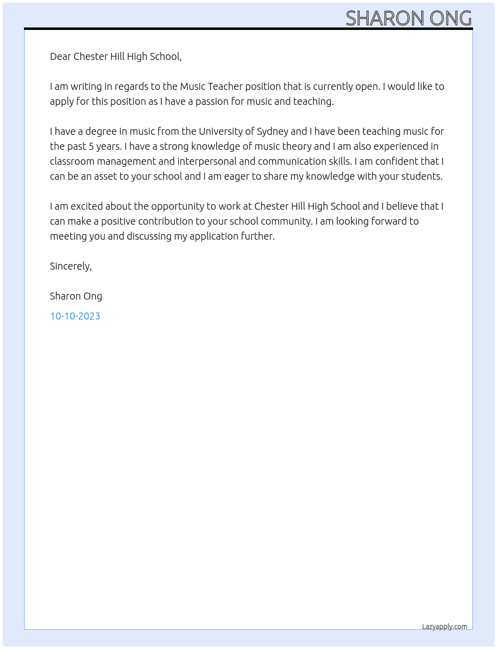 Music Teacher At Chester Hill High School Cover Letter