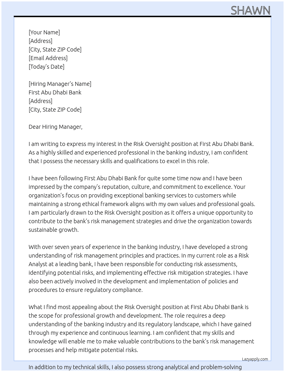 Risk Oversight At First Abu Dhabi Bank Cover Letter