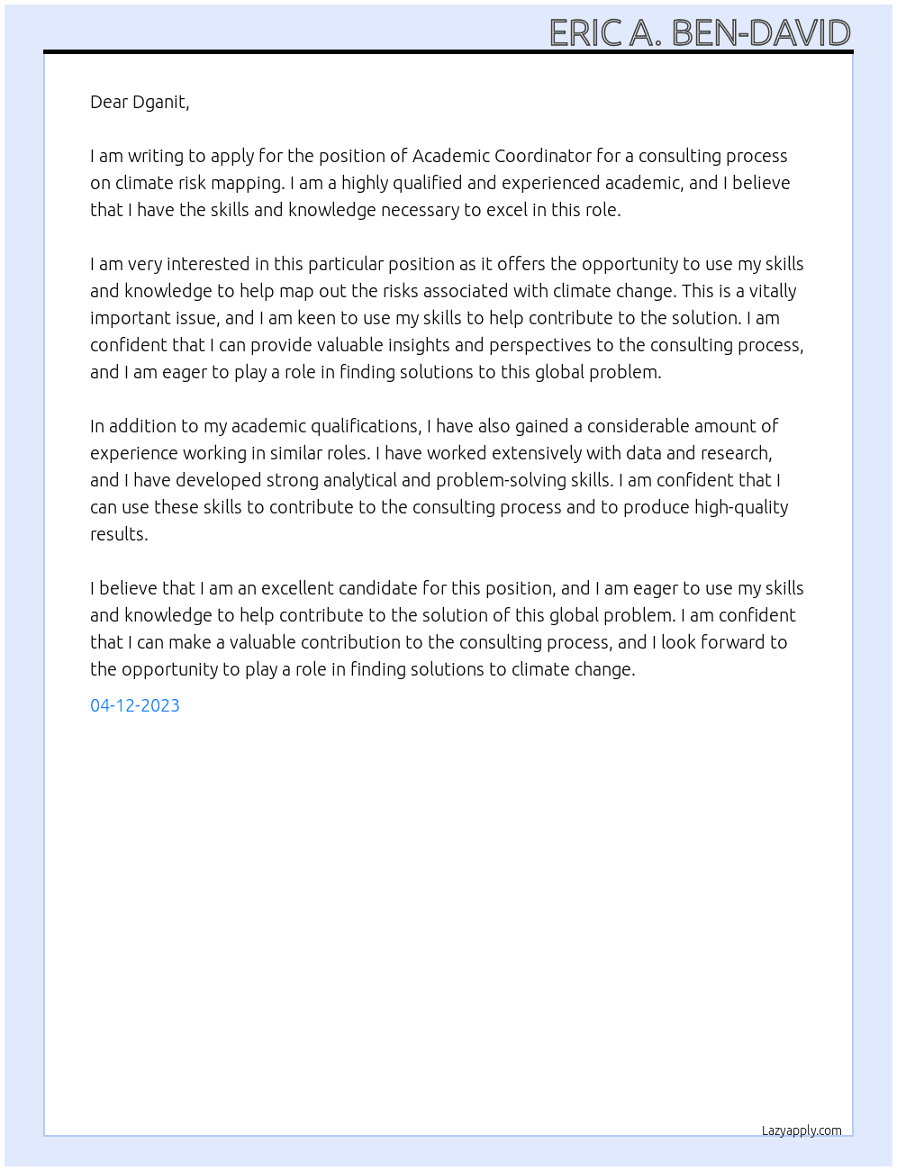 Academic Coordinator for a consulting process on climate risk mapping At Israel Academy of Sciences  Cover Letter