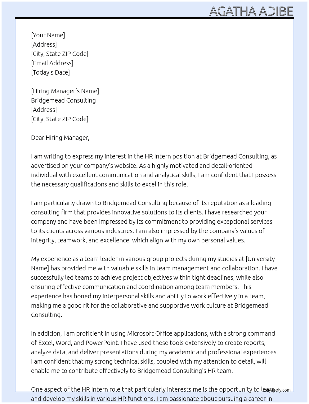 HR Intern At Bridgemead Consulting  Cover Letter
