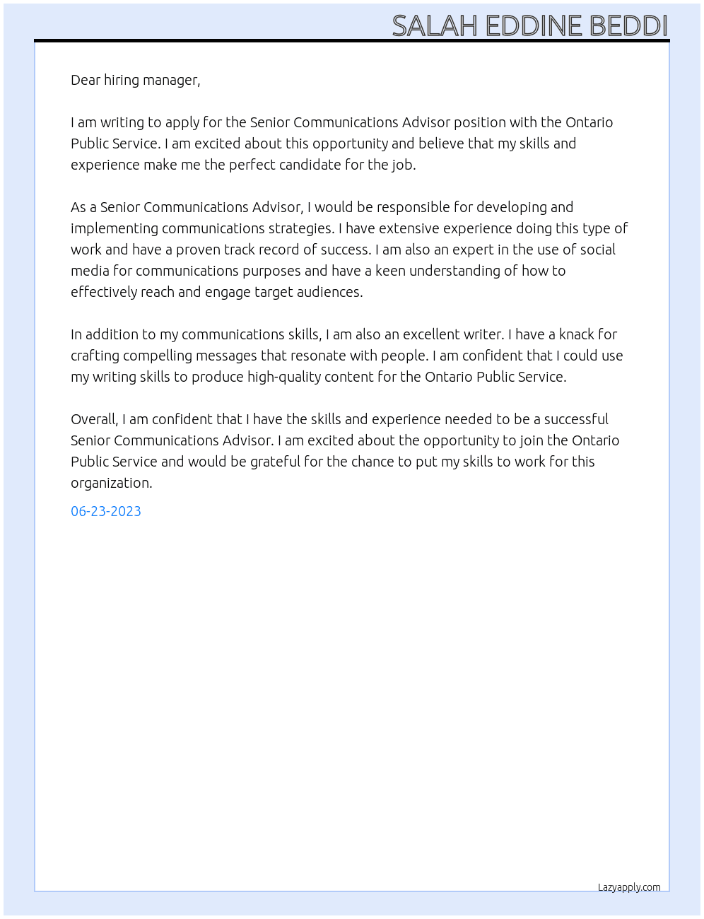 Senior Communications Advisor At ontario public service Cover Letter