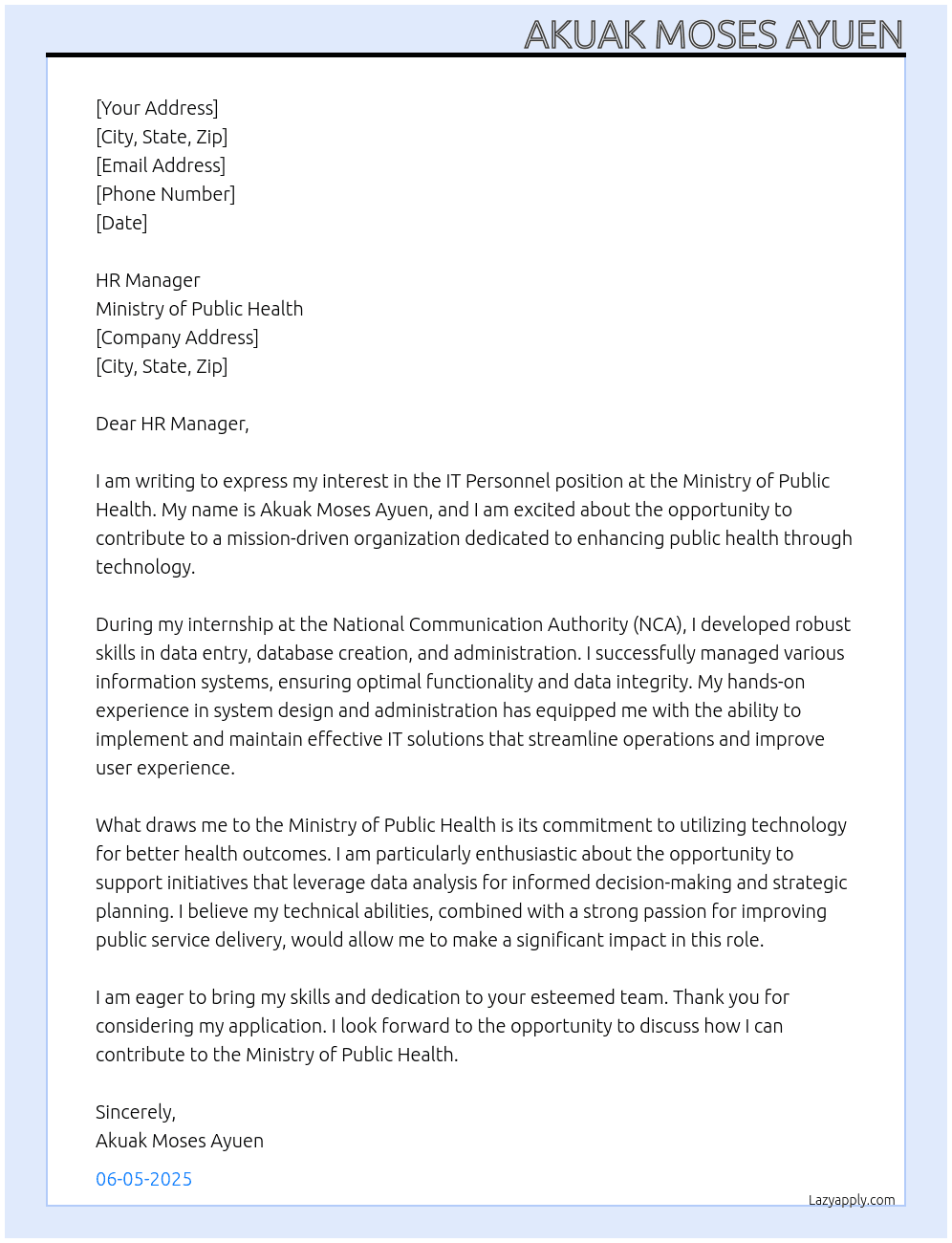 IT personnel At Ministry of Public Health Cover Letter