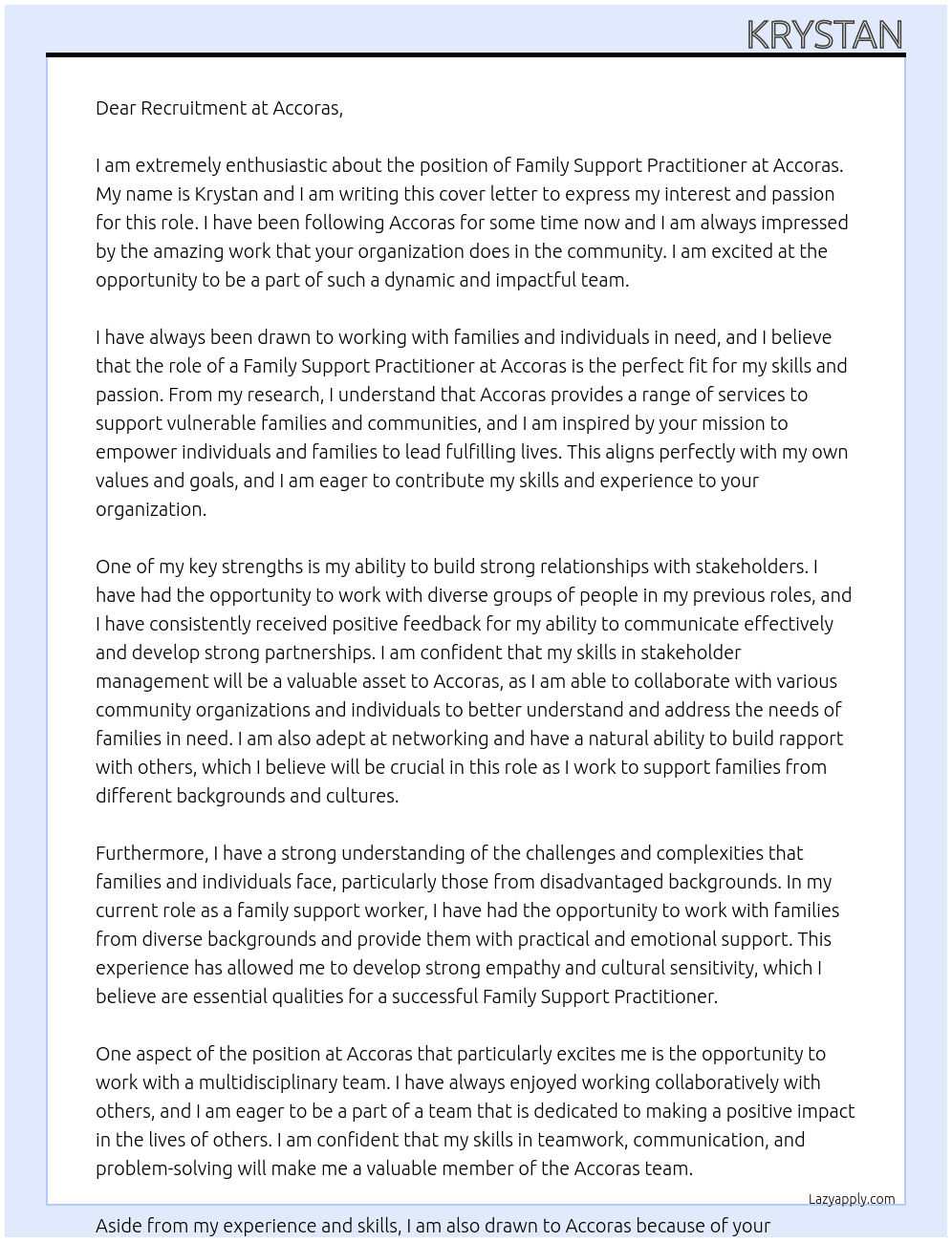 Family Support Practitioner At accoras Cover Letter