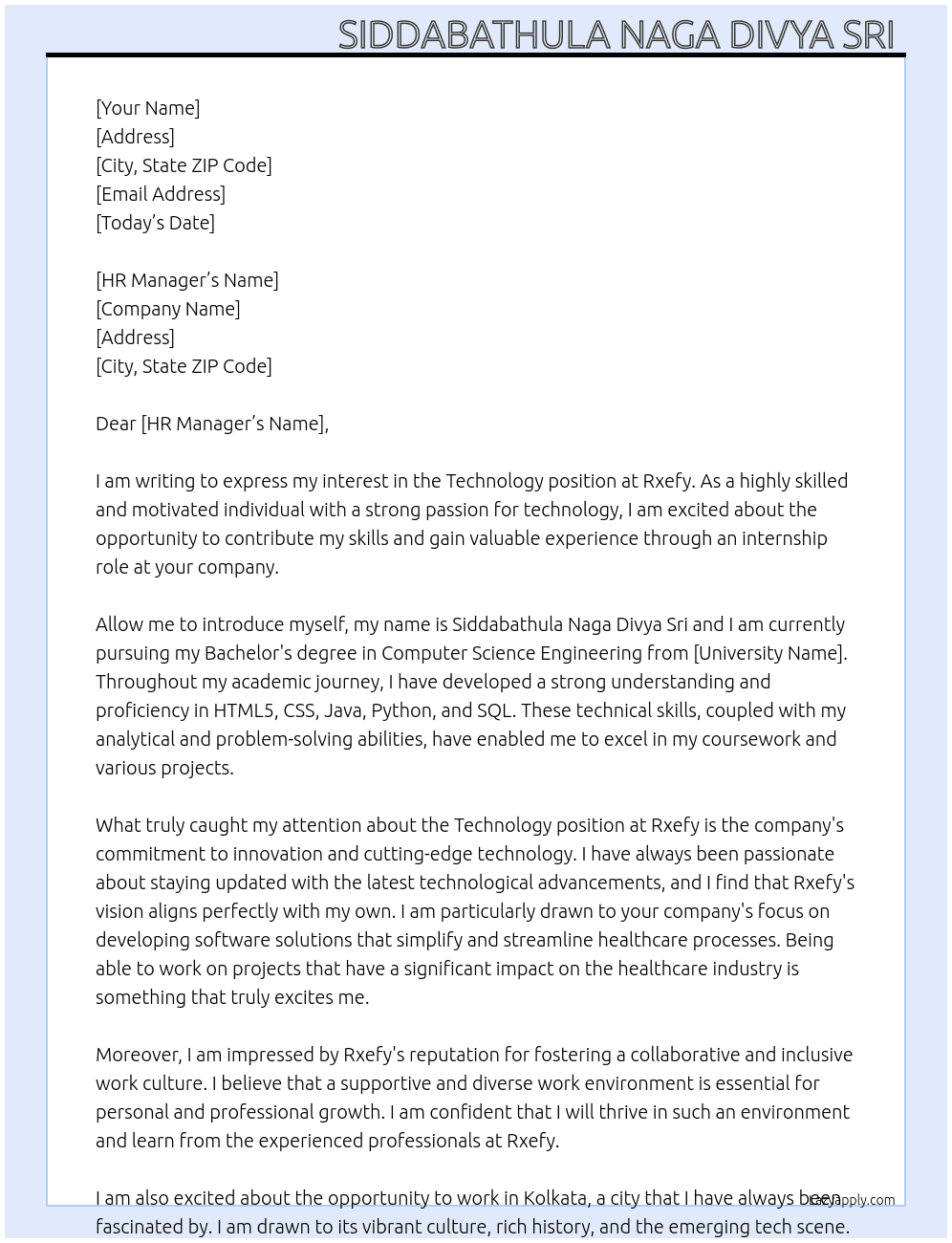 Technology  At Rxefy Cover Letter