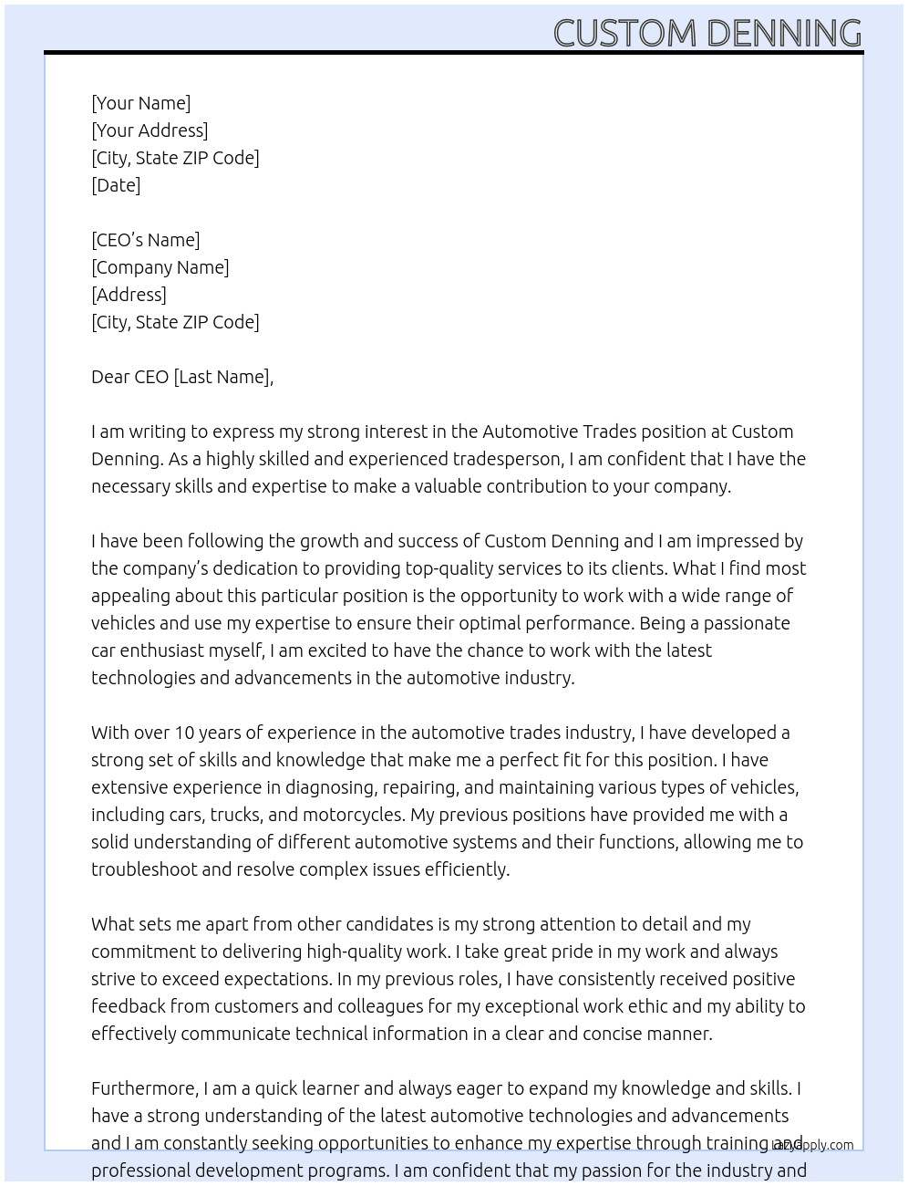 Automotive Trades (Trades & Services) At Custom denning Cover Letter