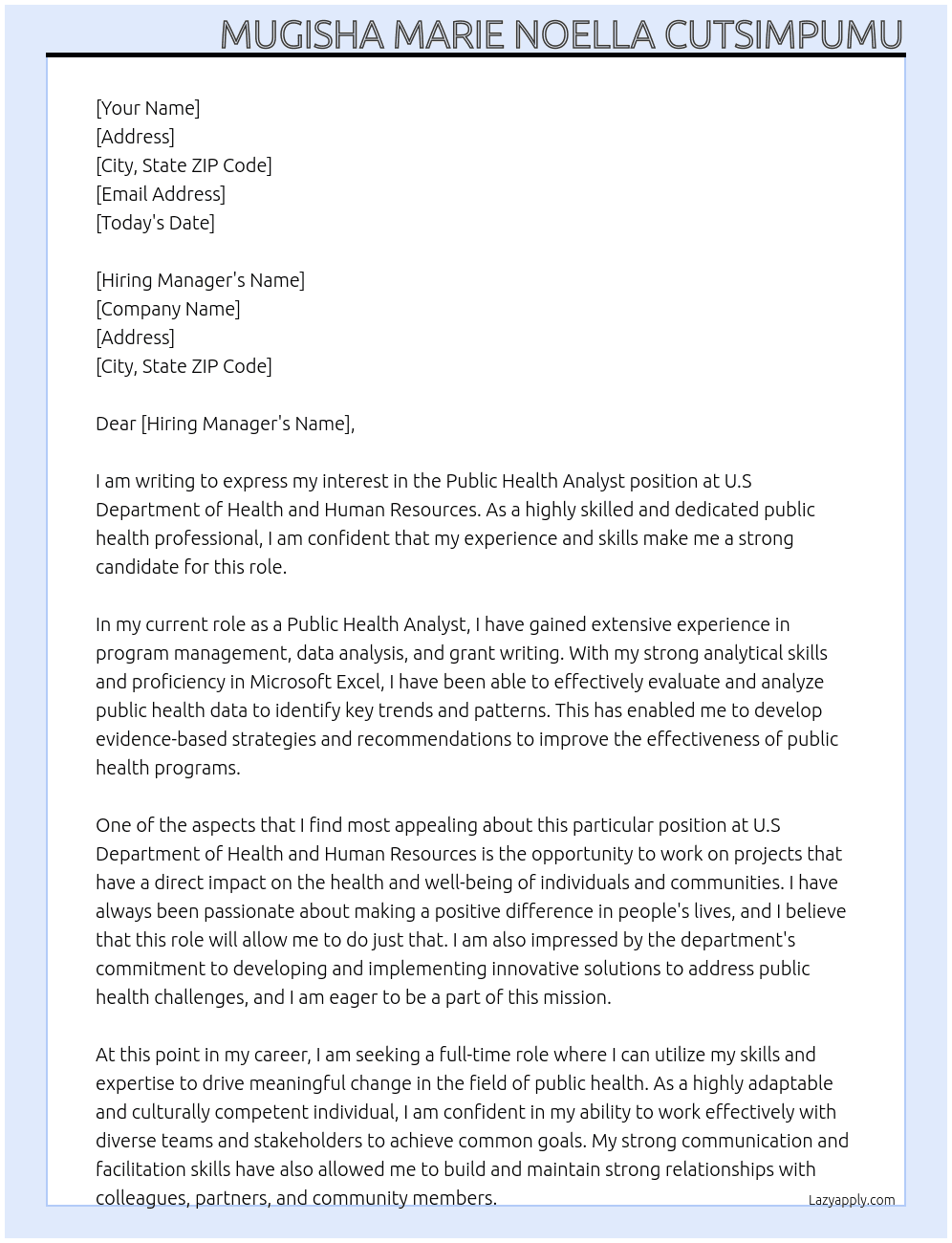 Public Health Analyst At U.S Department of Health and Human Resources Cover Letter