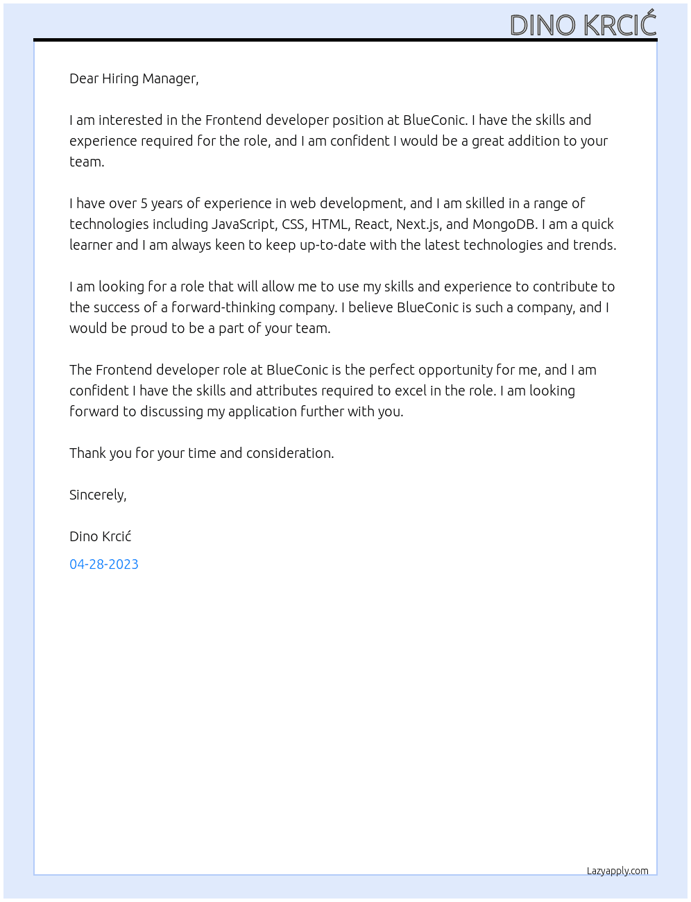 Frontend developer At BlueConic Cover Letter