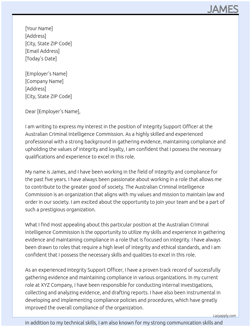 Integrity Support Officer At Australian Criminal Intelligence Commission Cover Letter