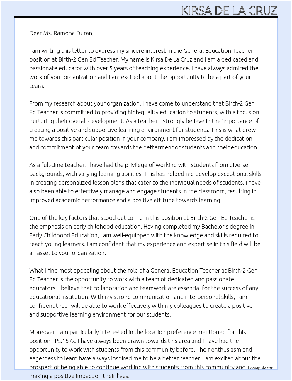 General Education teacher  At Birth-2 Gen ed teacher Cover Letter