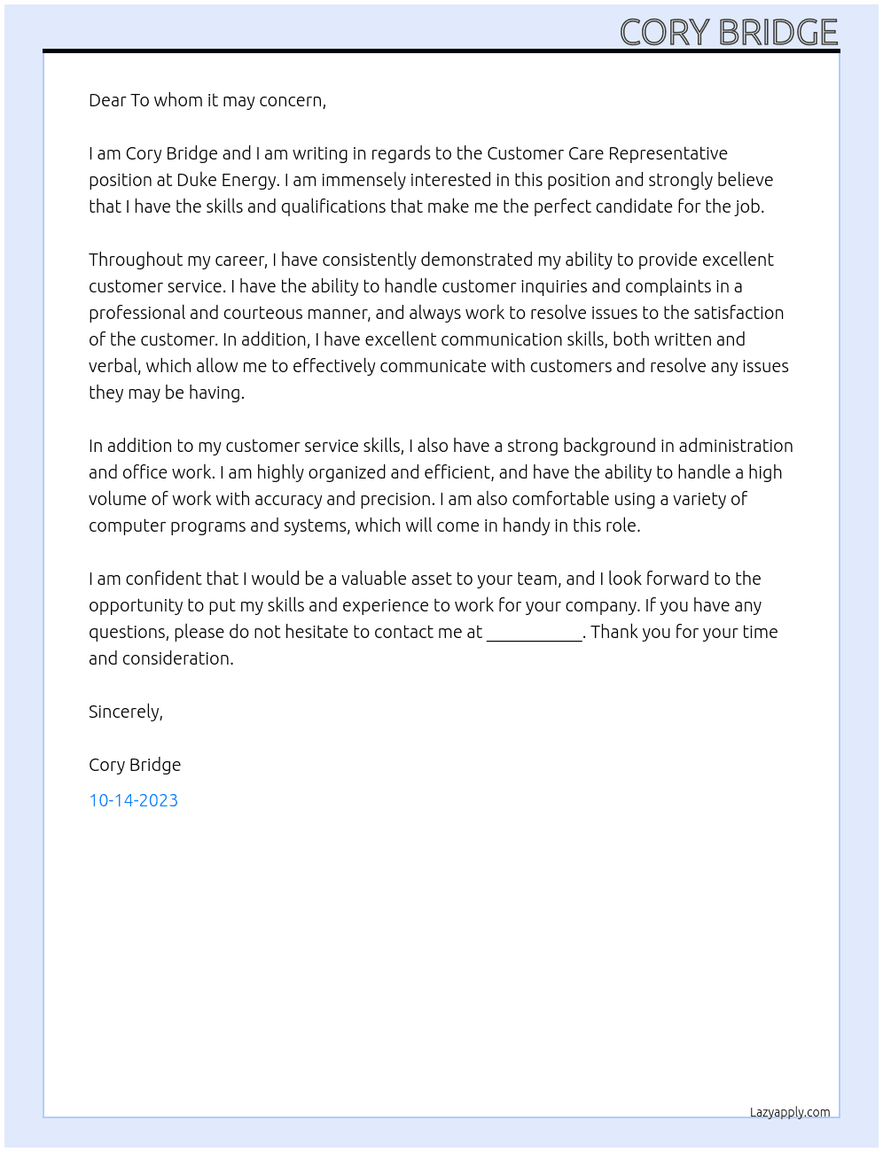 Customer Care Representive At Duke Energy Cover Letter