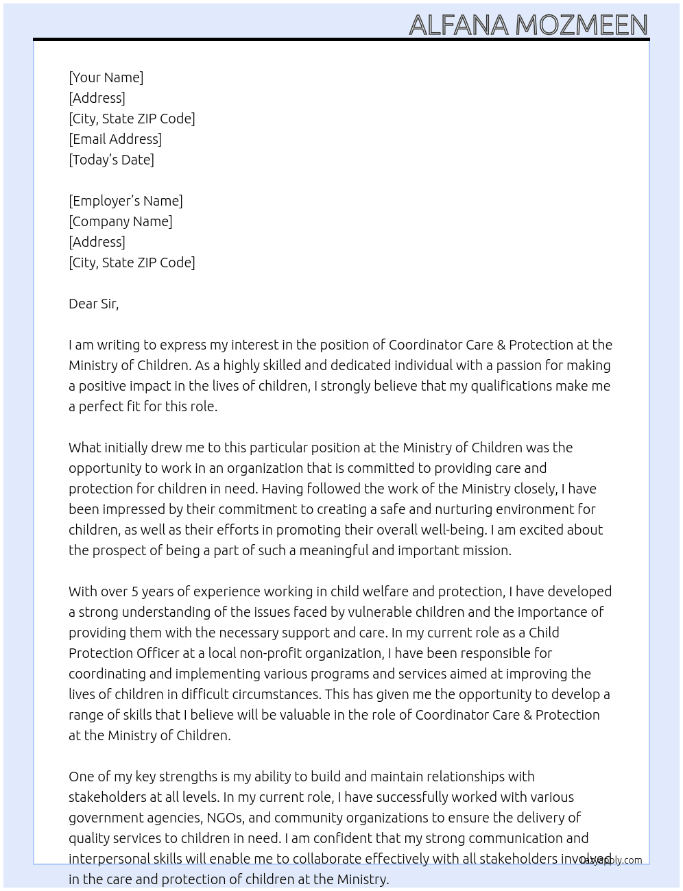 Coordinator Care & Protection At Ministry of Children  Cover Letter
