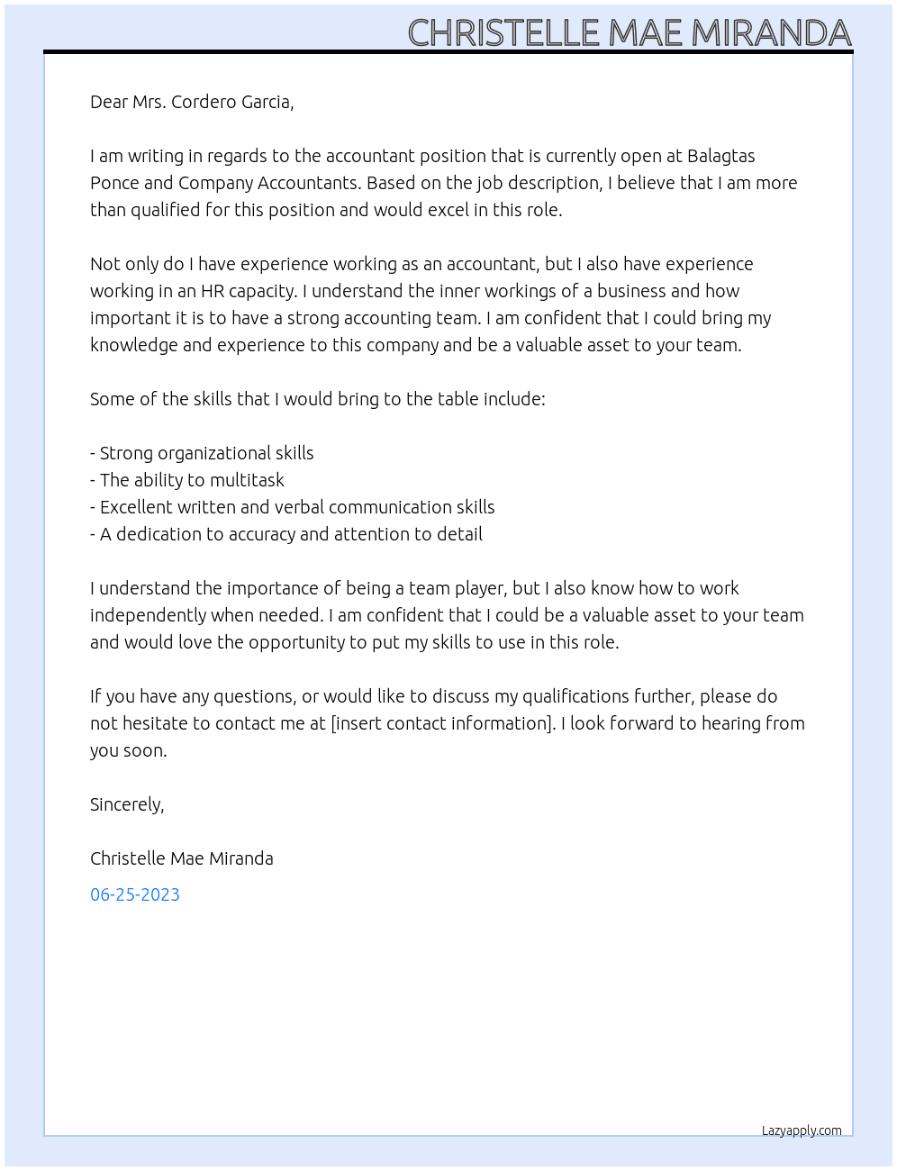 Accountant At Balagtas ponce and company accountants Cover Letter