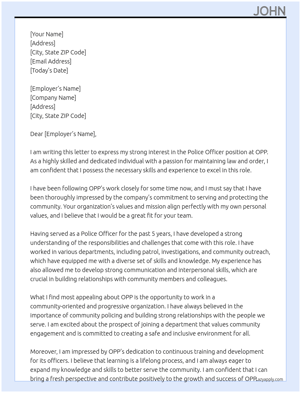 Police Officer  At OPP Cover Letter