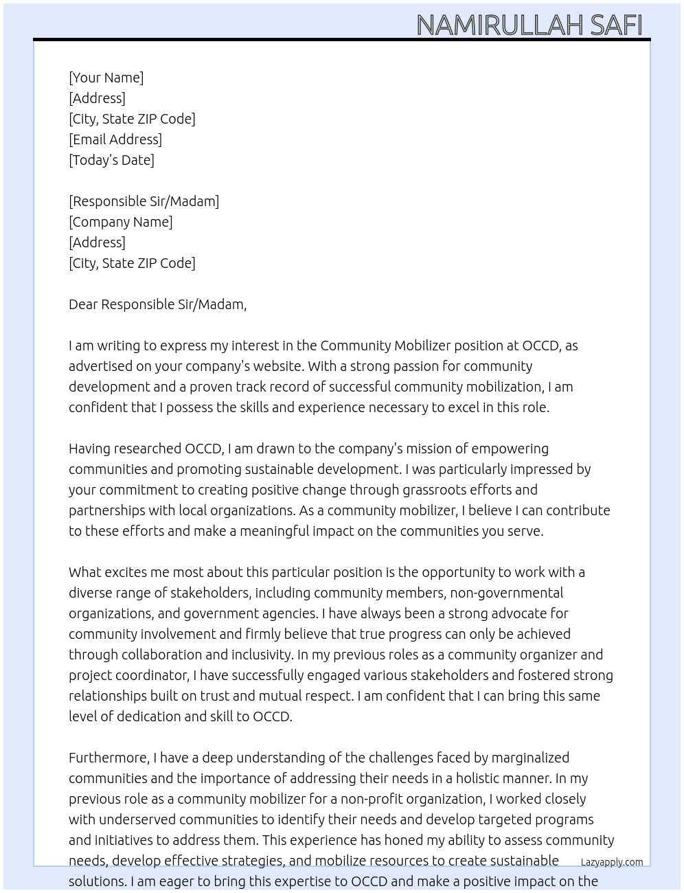 Community mobilizer  At OCCD Cover Letter