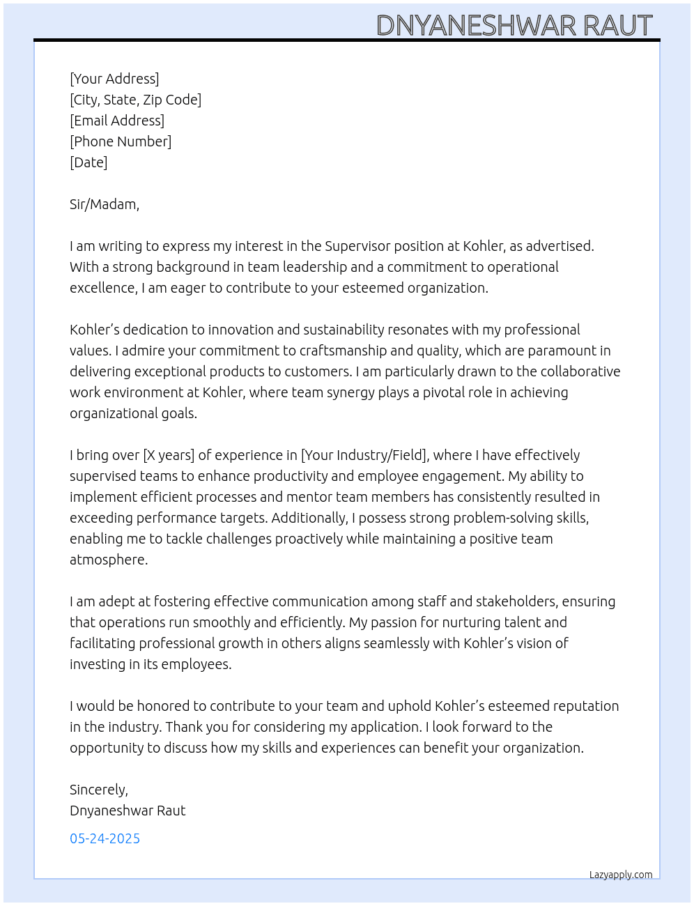 Supervisor  At Kohler Cover Letter