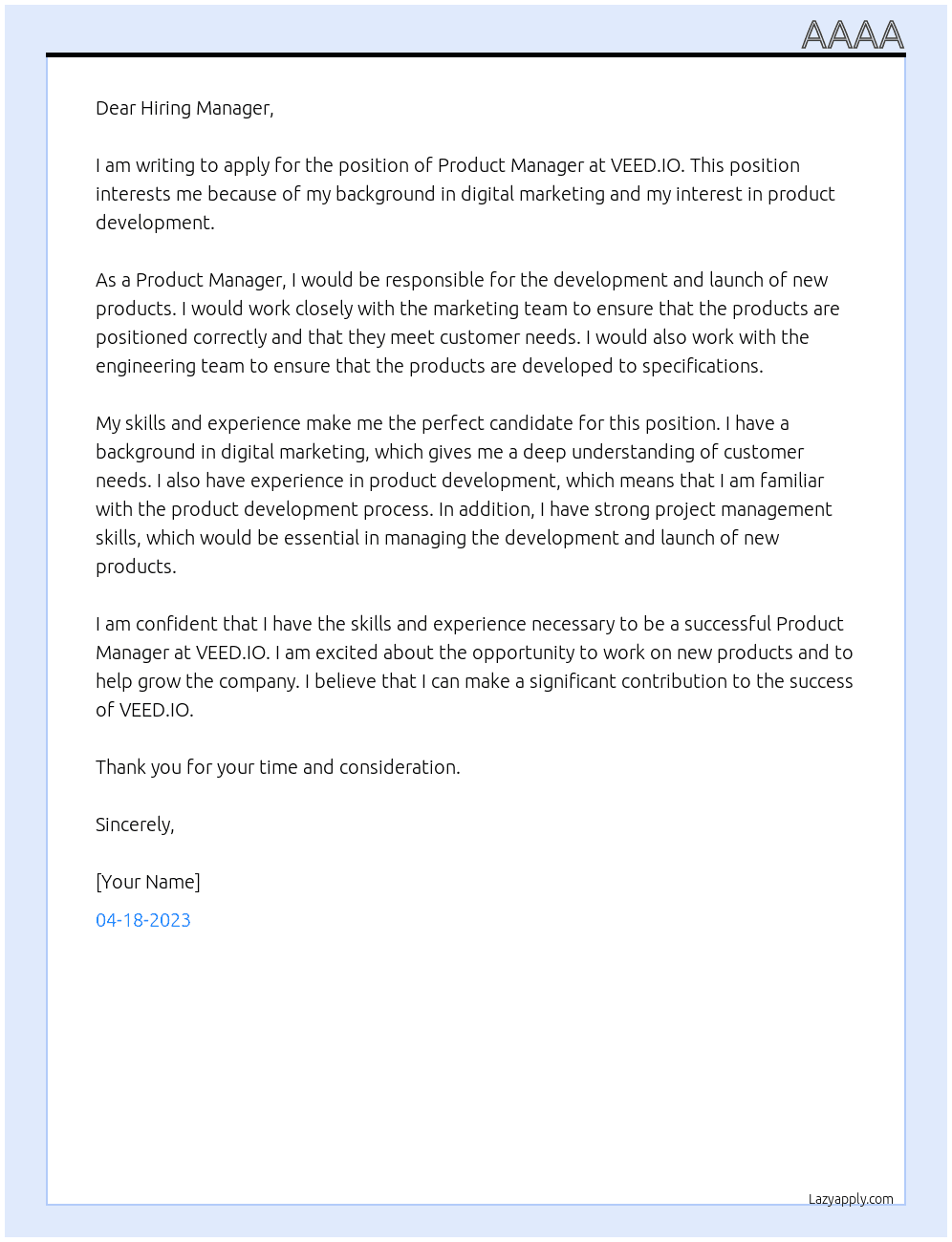 Product Manager At VEED.IO Cover Letter