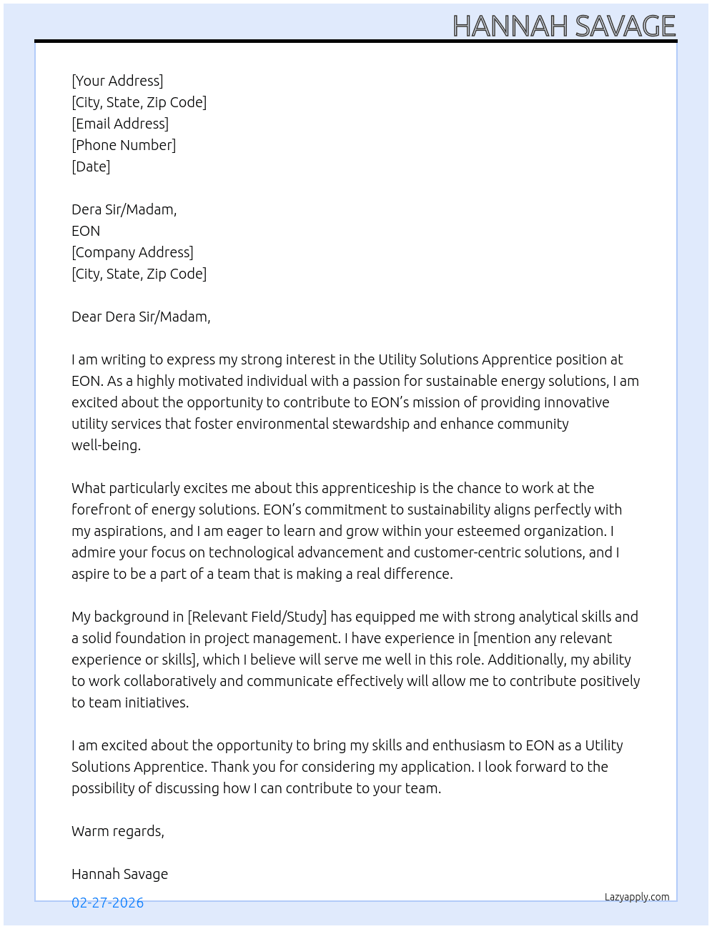 Utility Solutions Apprentice At EON Cover Letter
