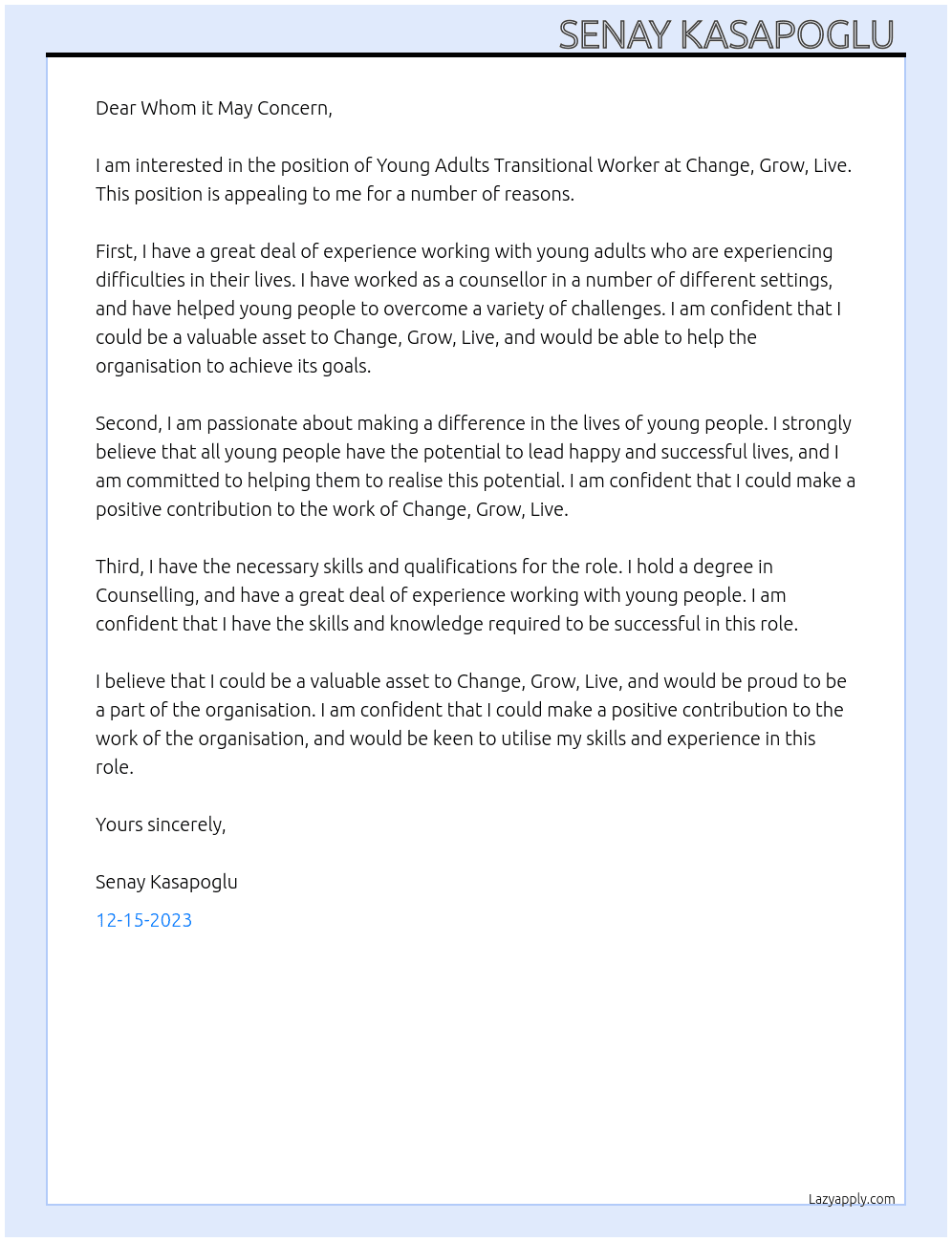 Young Adults Transitional Worker At Change, Grow, Live Cover Letter