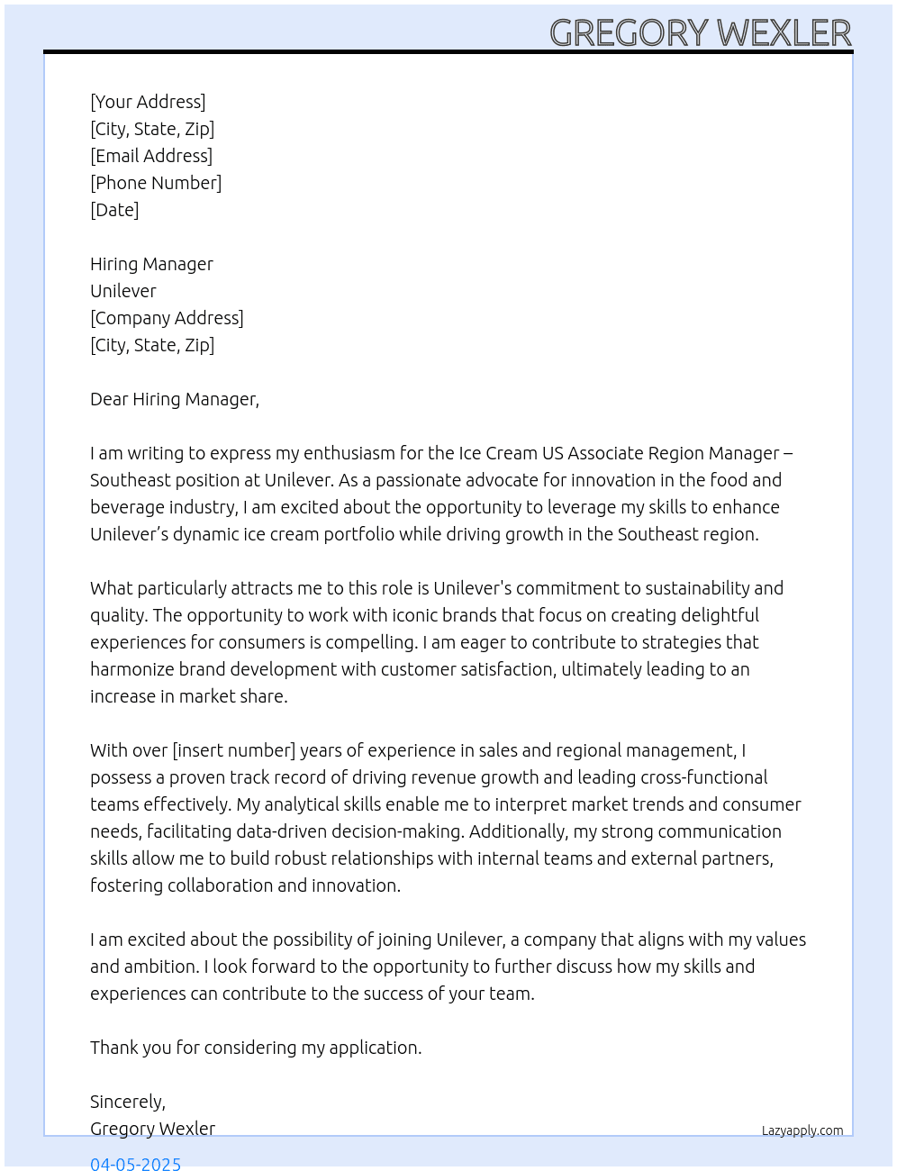 Ice Cream US Associate Region Manager – Southeast At Unilever Cover Letter