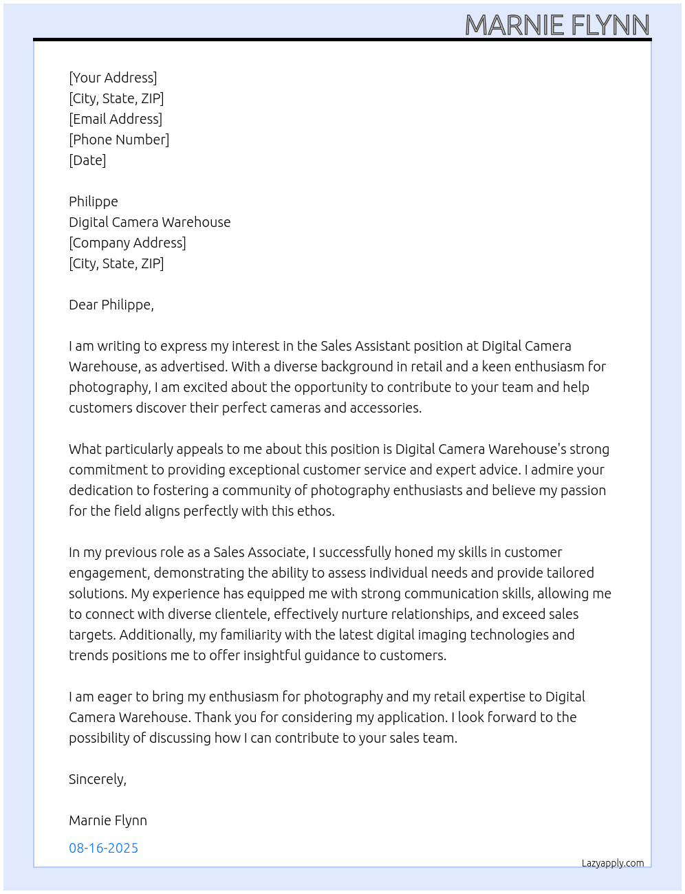 Sales Assistant  At Digital Camera Warehouse Cover Letter