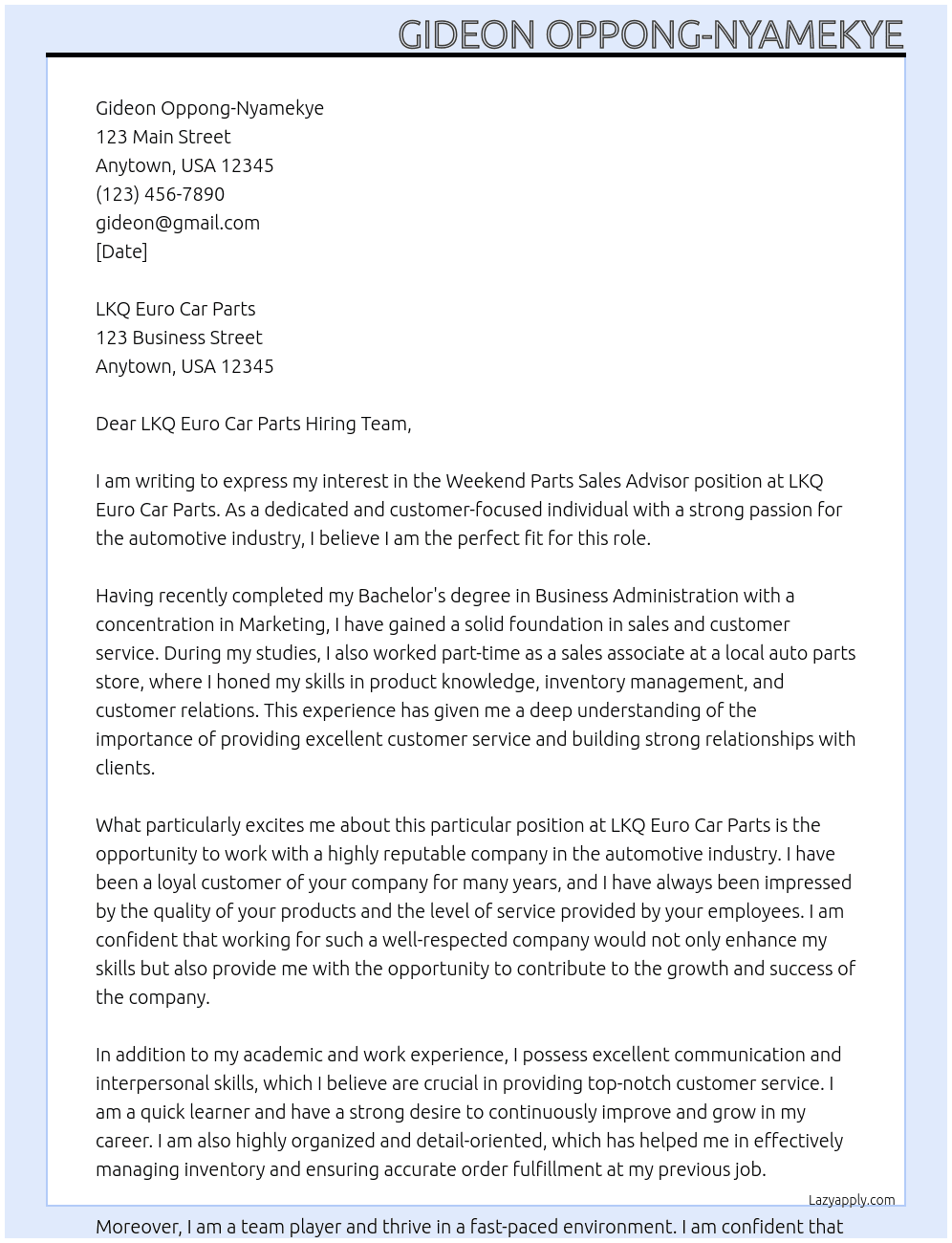 Weekend Parts Sales Advisor At LKQ Euro Car Parts Cover Letter