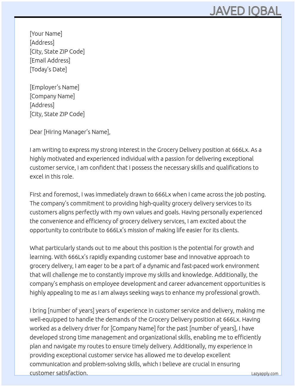 Grocery Delivery  At 666Lx Cover Letter