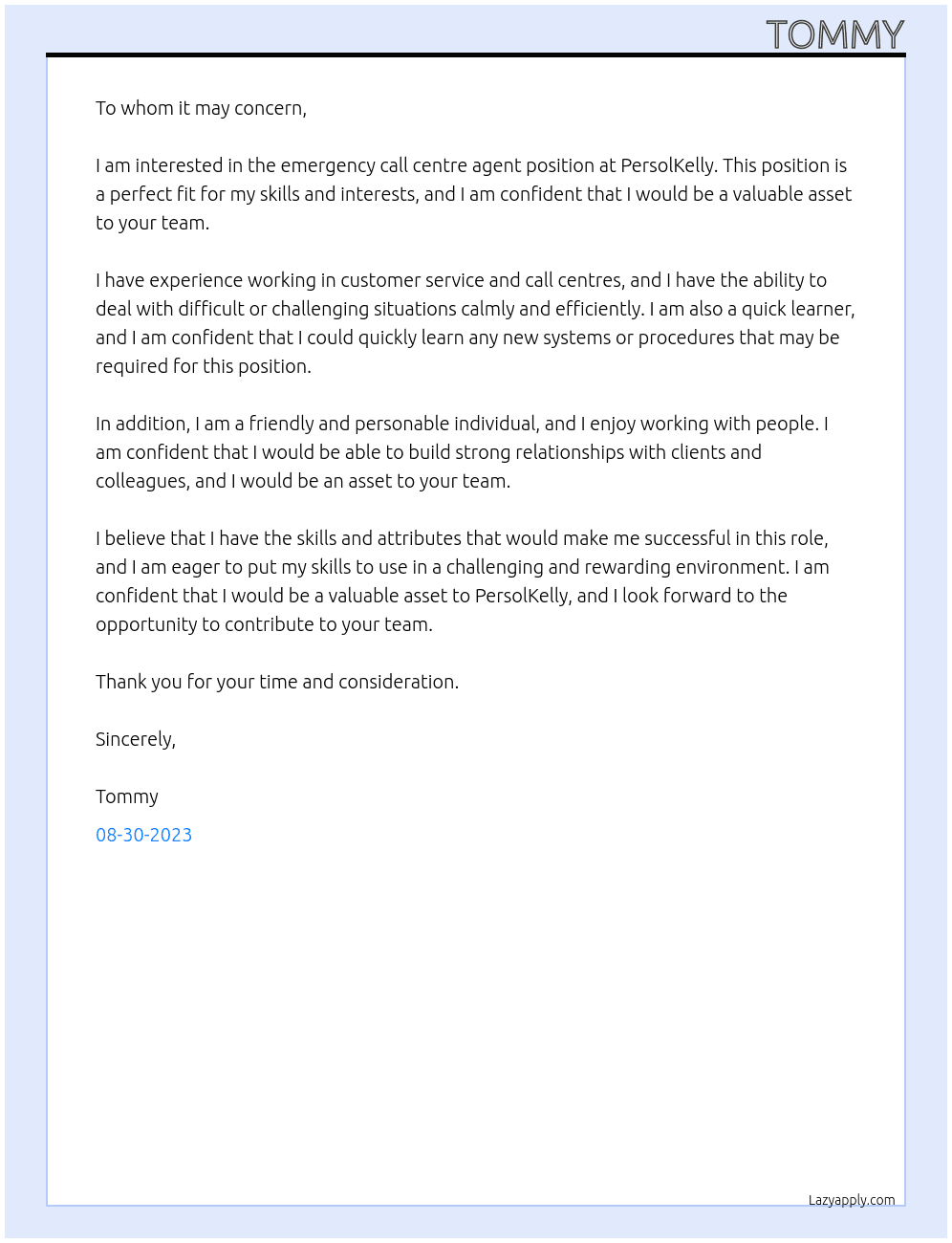emergency call centre agent At persolkelly Cover Letter